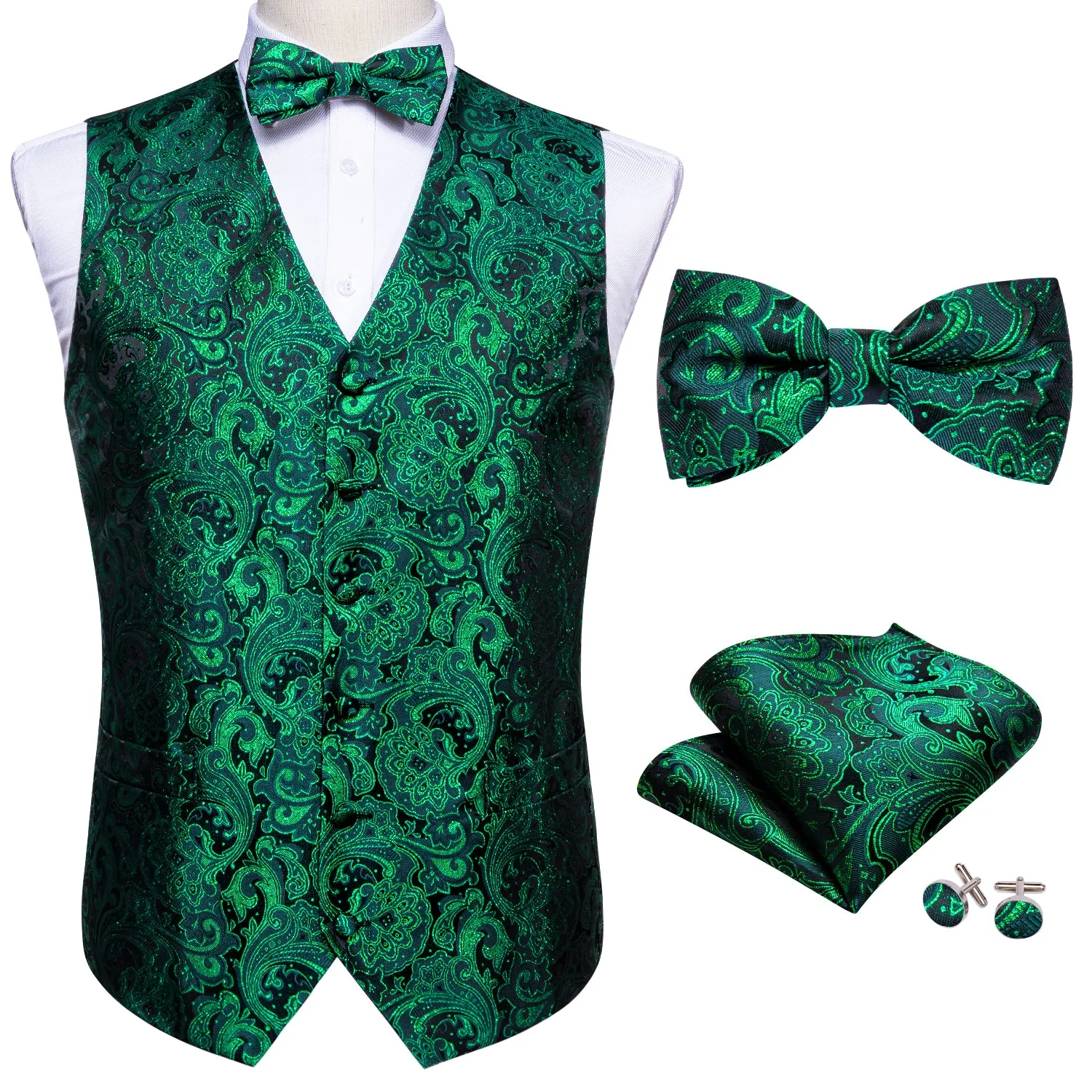 Barry. Wang Green Paisley Suit Vest V-neck Wedding Dress Waistcoat Bowtie Pocket Square Set sold by Barrywang