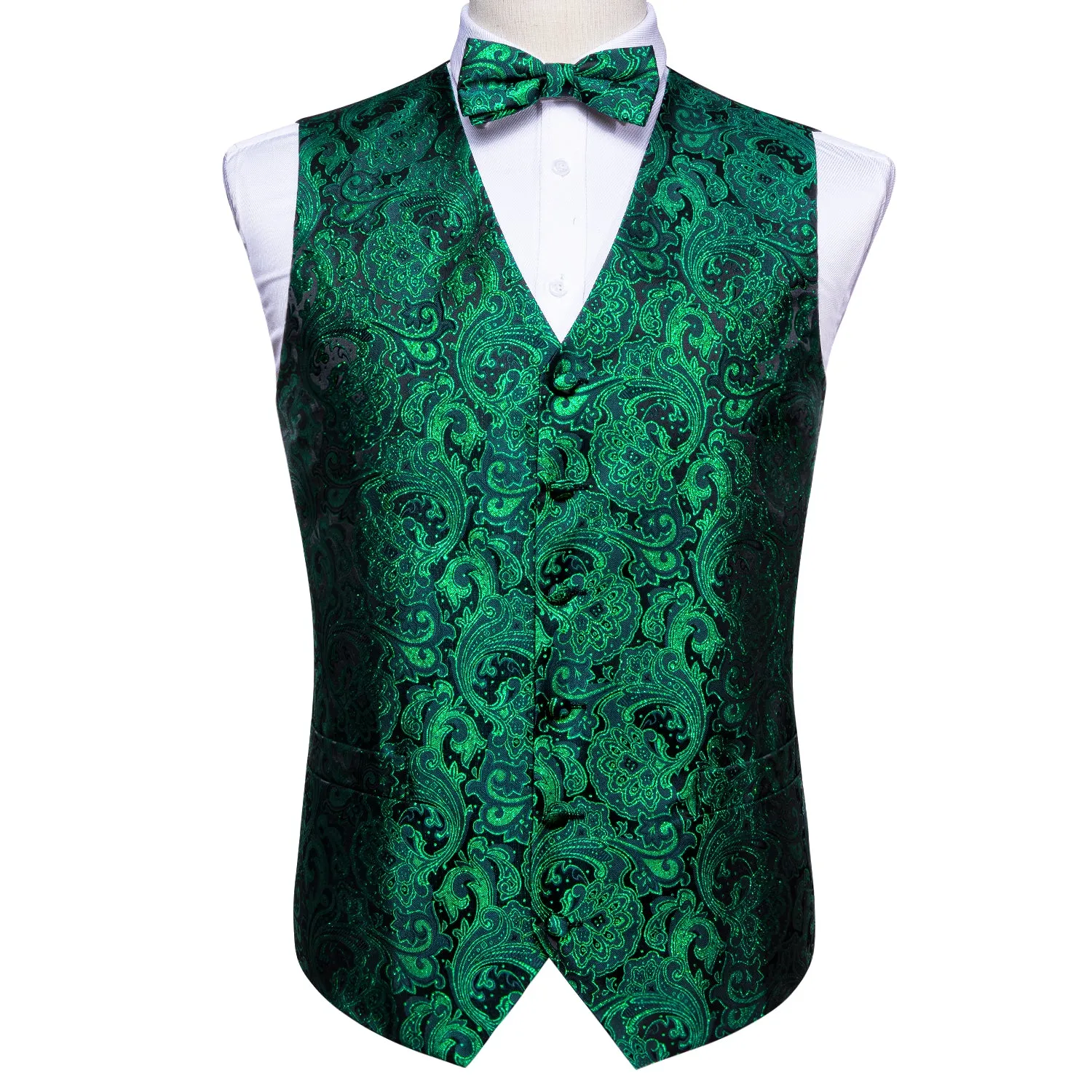 Barry. Wang Green Paisley Suit Vest V-neck Wedding Dress Waistcoat Bowtie Pocket Square Set sold by Barrywang product image thumbnail 4