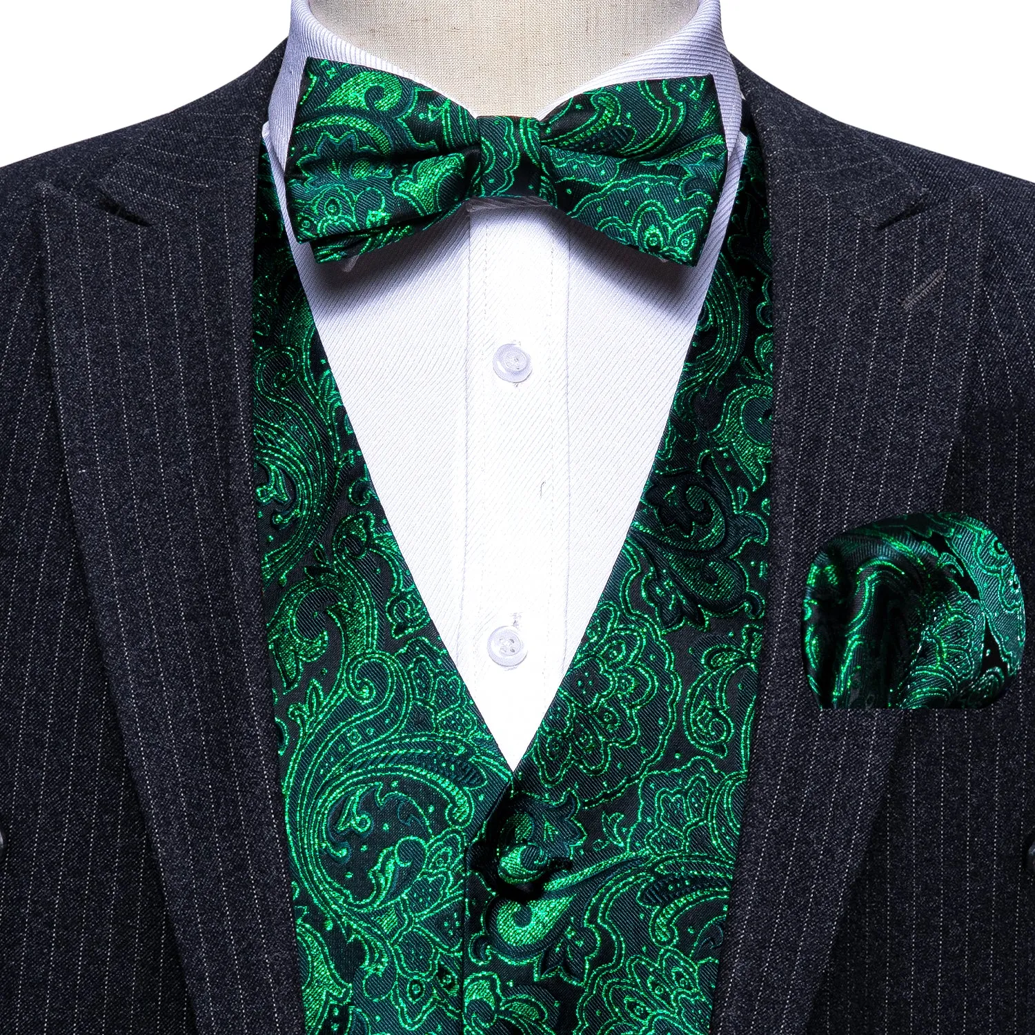 Barry. Wang Green Paisley Suit Vest V-neck Wedding Dress Waistcoat Bowtie Pocket Square Set sold by Barrywang product image thumbnail 3