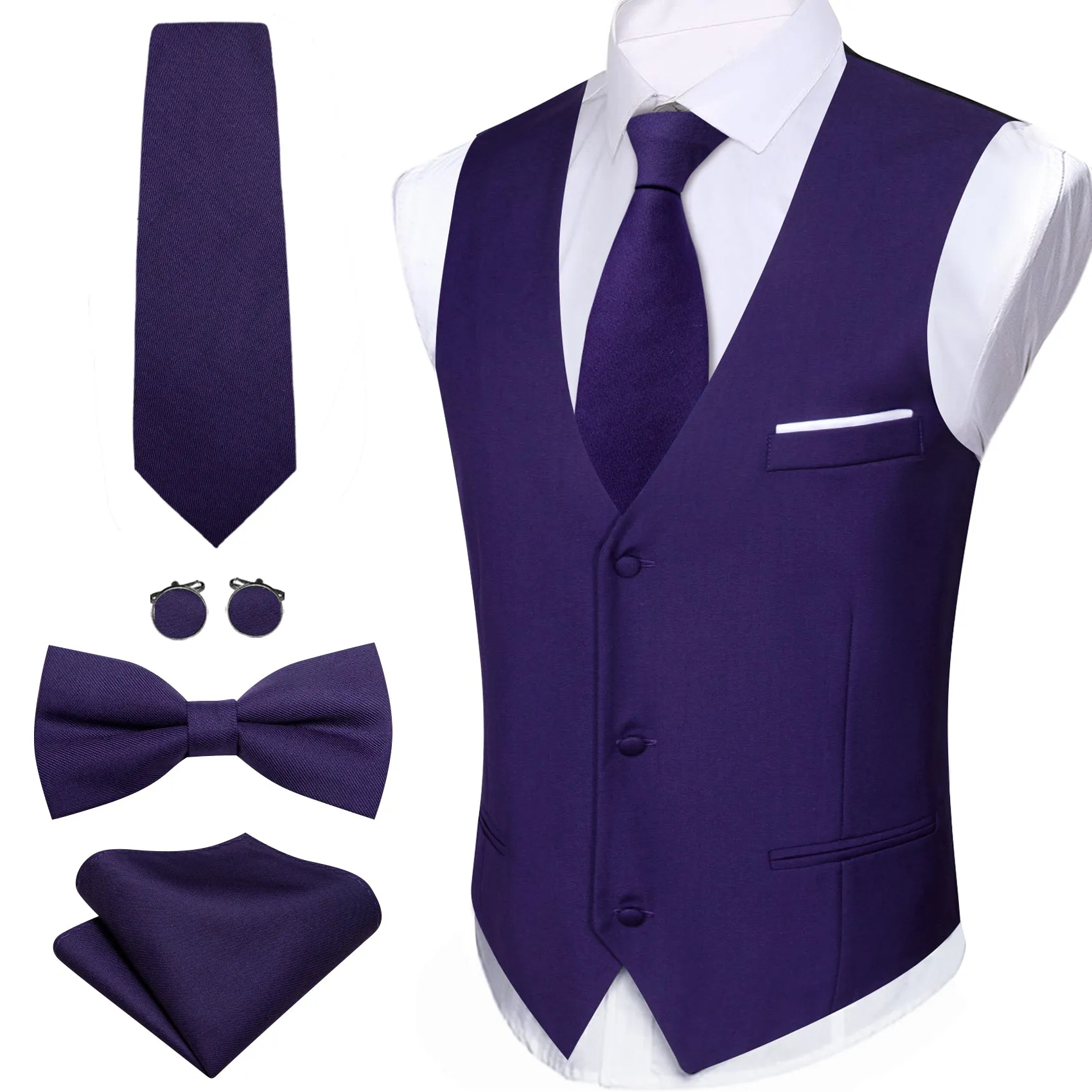 Barry. Wang Mens Purple Suit Vest 4PCS Solid Tuxedo Vest Necktie Bowtie Hanky Cufflinks Set sold by Barrywang product image thumbnail 2