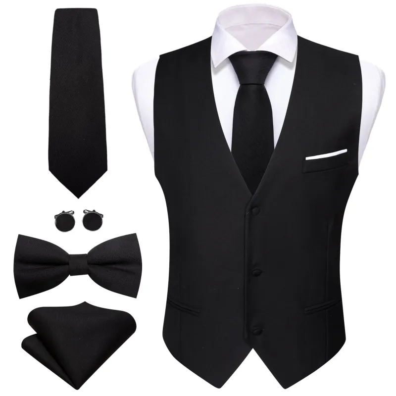 Barry. Wang Black Dress Vest Solid V-neck Formal Waistcoat Necktie Bowtie Hanky Cufflinks Set sold by Barrywang