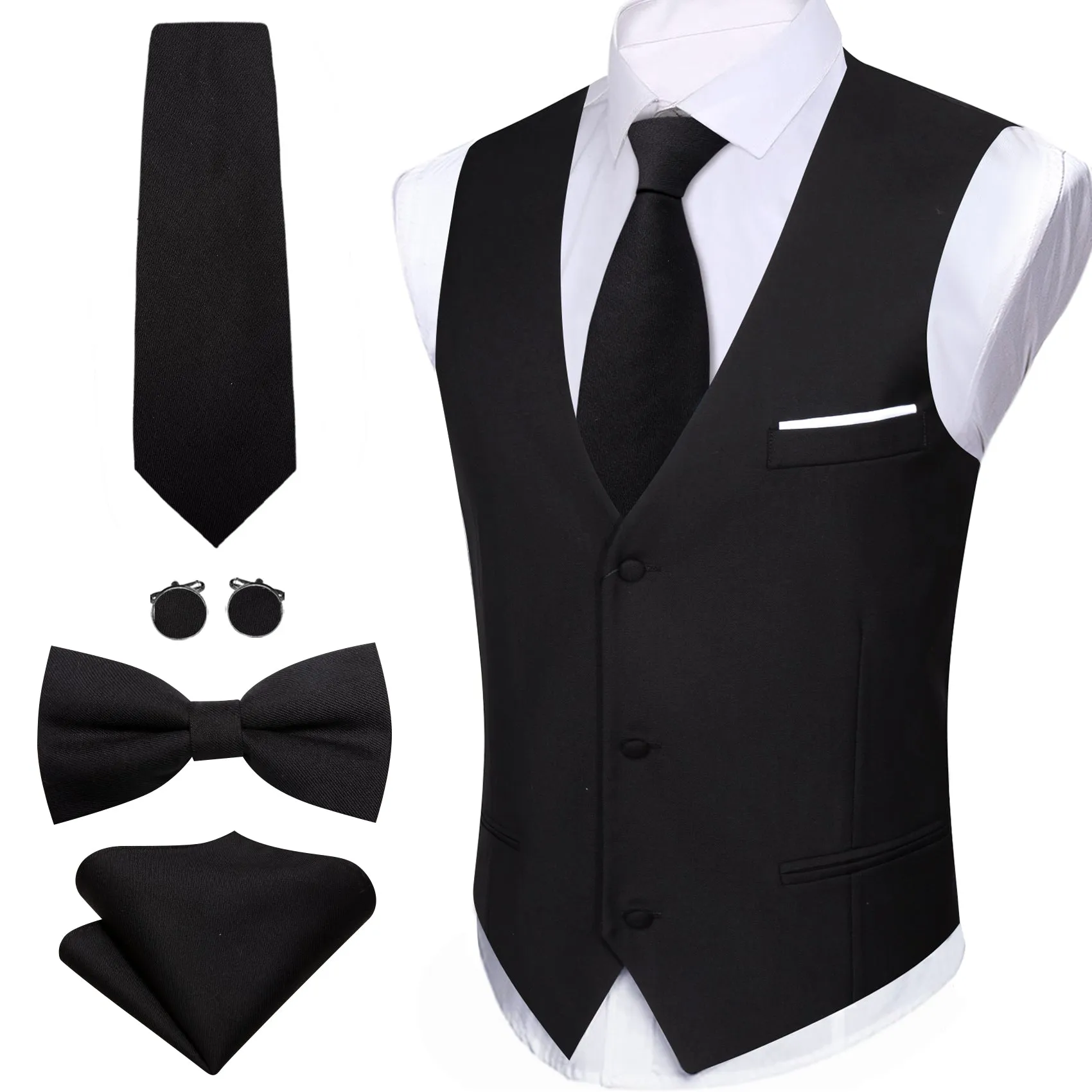 Barry. Wang Black Dress Vest Solid V-neck Formal Waistcoat Necktie Bowtie Hanky Cufflinks Set sold by Barrywang product image thumbnail 3