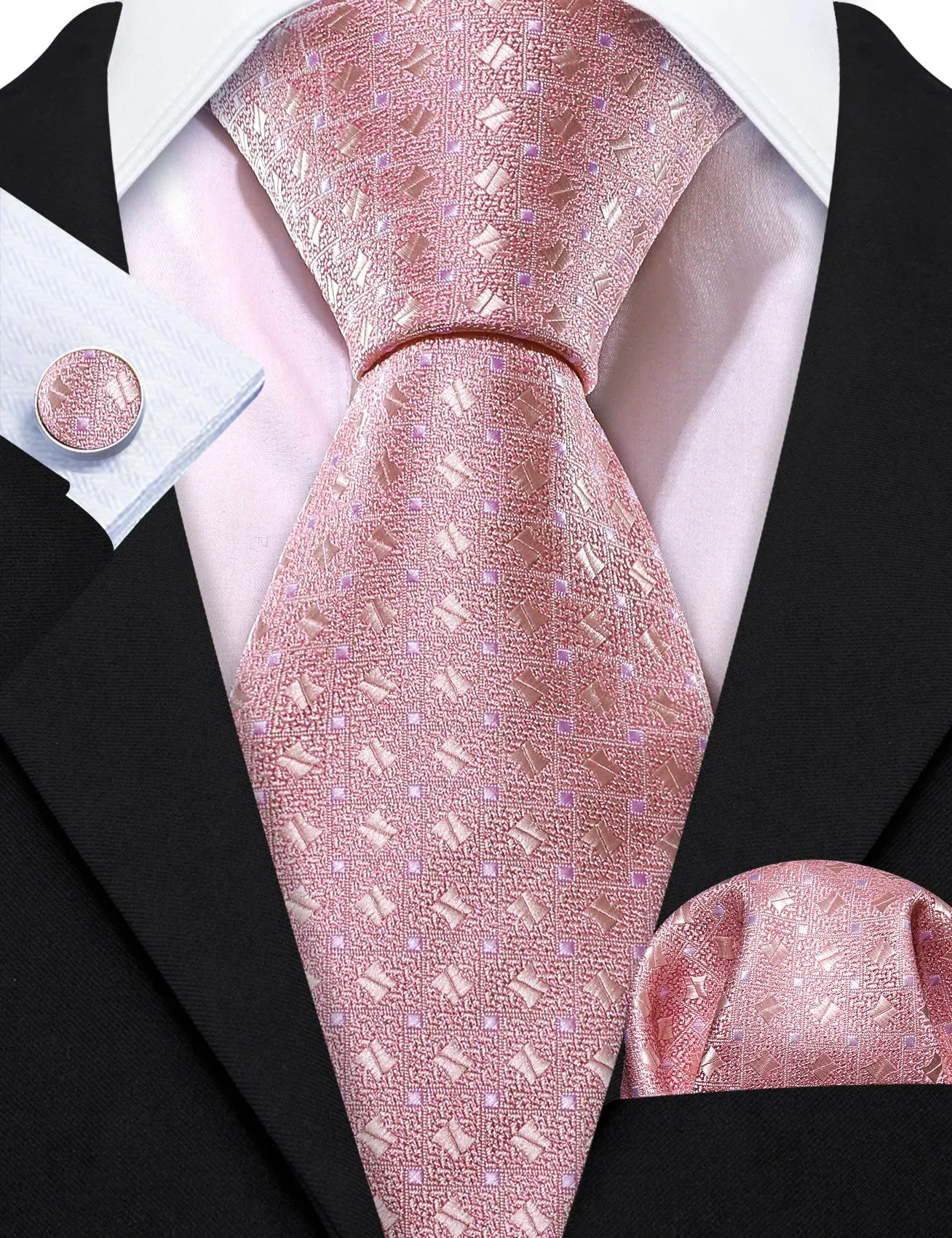Barry. Wang Rose Pink Tie Mens Geometric Silk Necktie Pocket Square Cufflinks Set for Wedding sold by Barrywang product image thumbnail 2