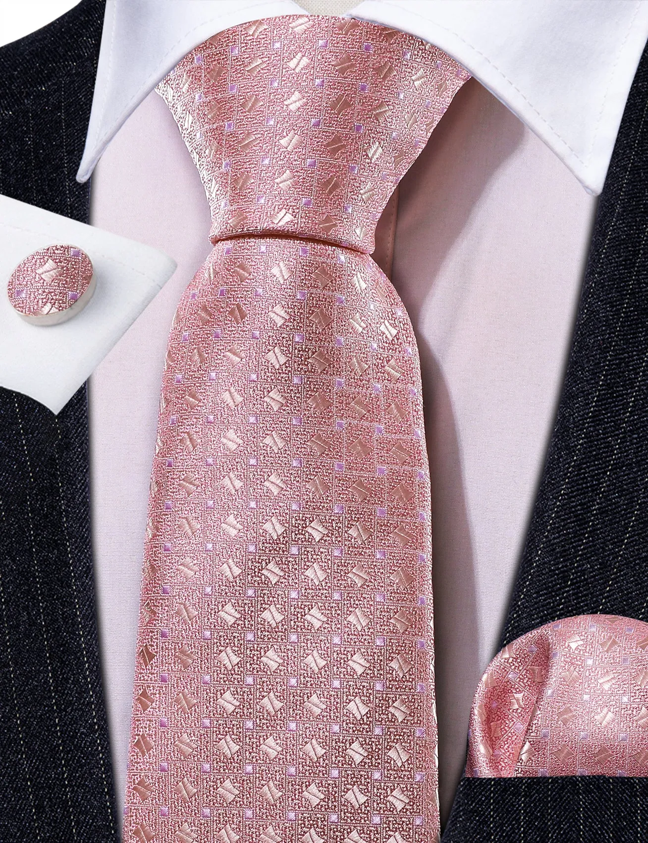 Barry. Wang Rose Pink Tie Mens Geometric Silk Necktie Pocket Square Cufflinks Set for Wedding sold by Barrywang product image thumbnail 3