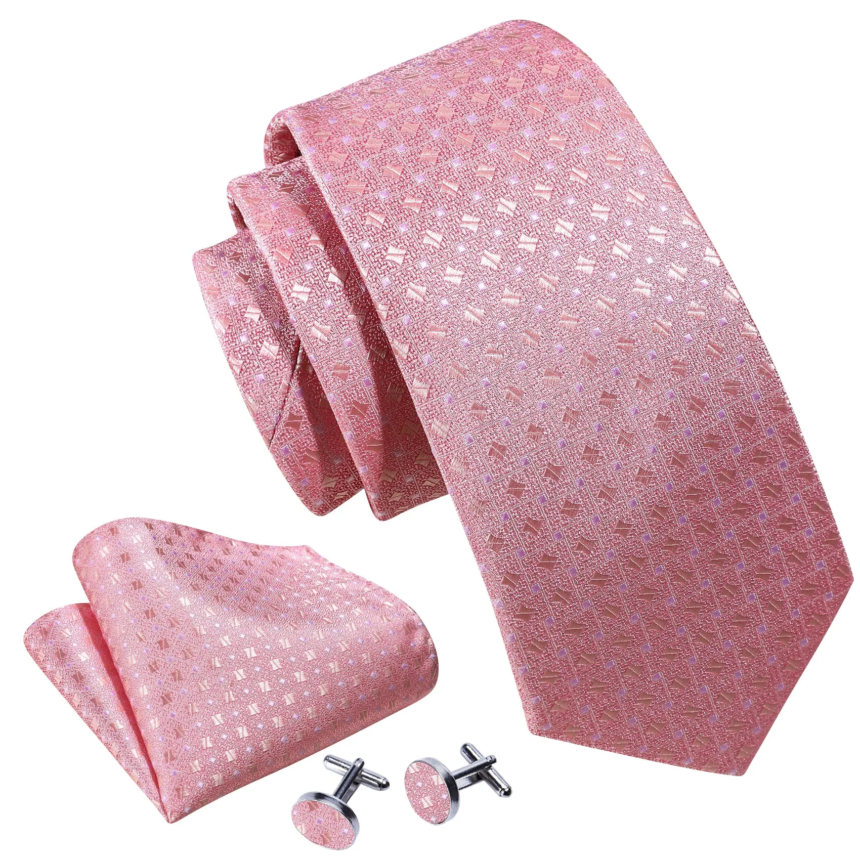 Barry. Wang Rose Pink Tie Mens Geometric Silk Necktie Pocket Square Cufflinks Set for Wedding sold by Barrywang product image thumbnail 4