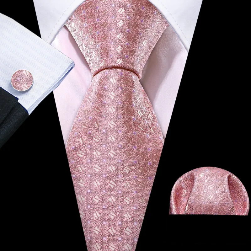 Barry. Wang Rose Pink Tie Mens Geometric Silk Necktie Pocket Square Cufflinks Set for Wedding sold by Barrywang