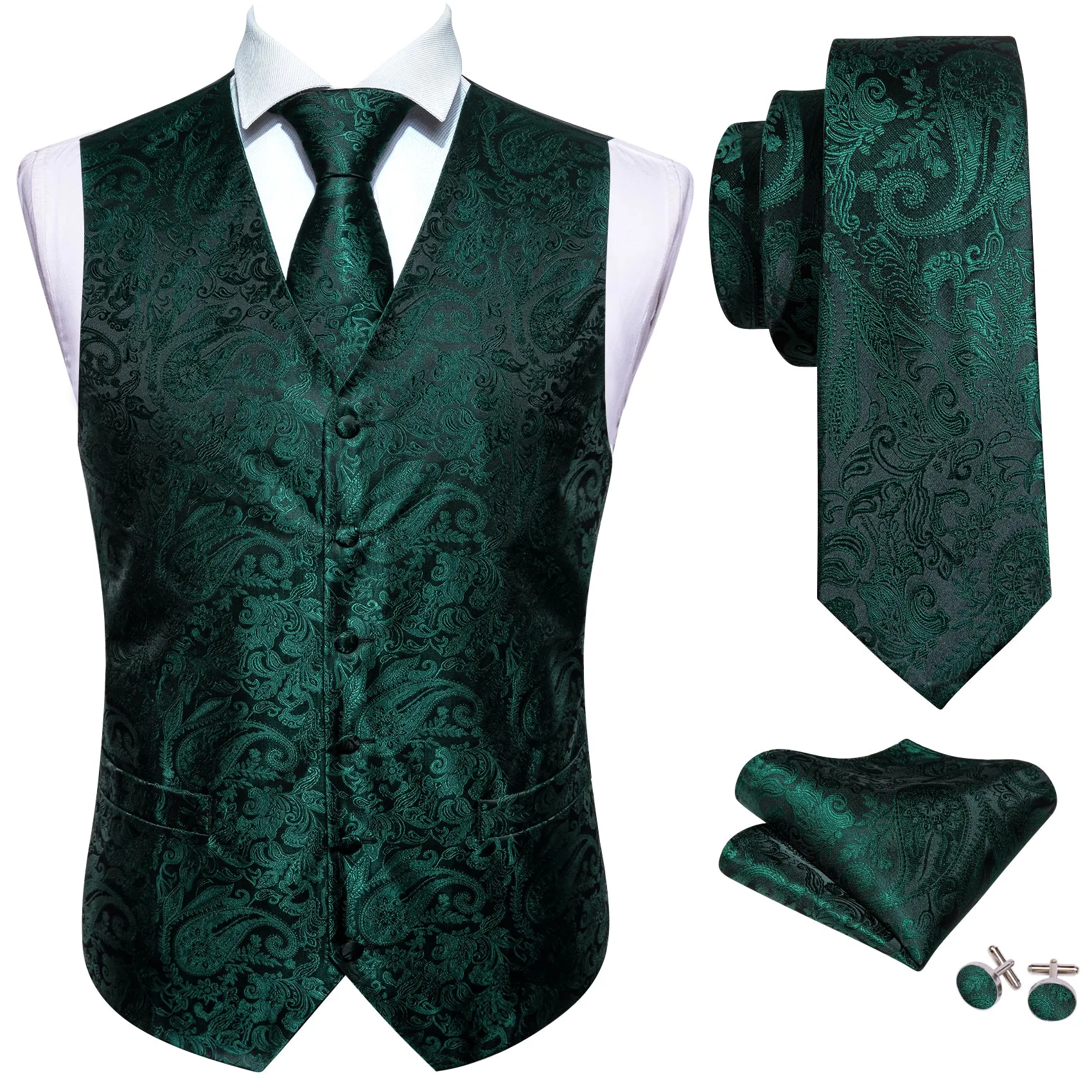 Barry. Wang Hunter Green Vest Formal Paisley Tuxedo Vest Necktie Bowtie Hanky Cufflinks Set sold by Barrywang product image thumbnail 5