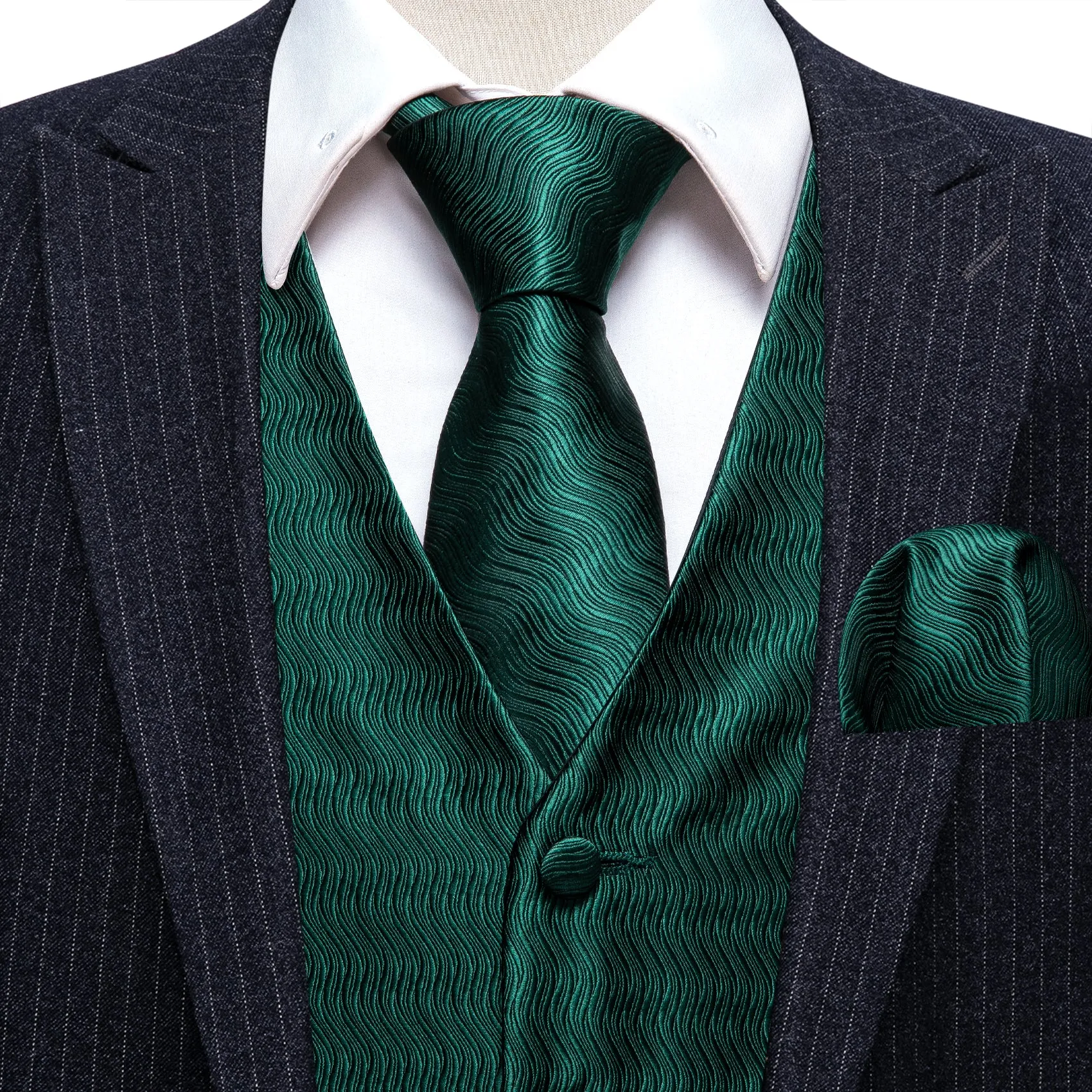 Barry. Wang Mens Hunter Green Vest Formal Solid V-Neck Suit Waistcoat Tie Hanky Cufflinks Set sold by Barrywang product image thumbnail 2