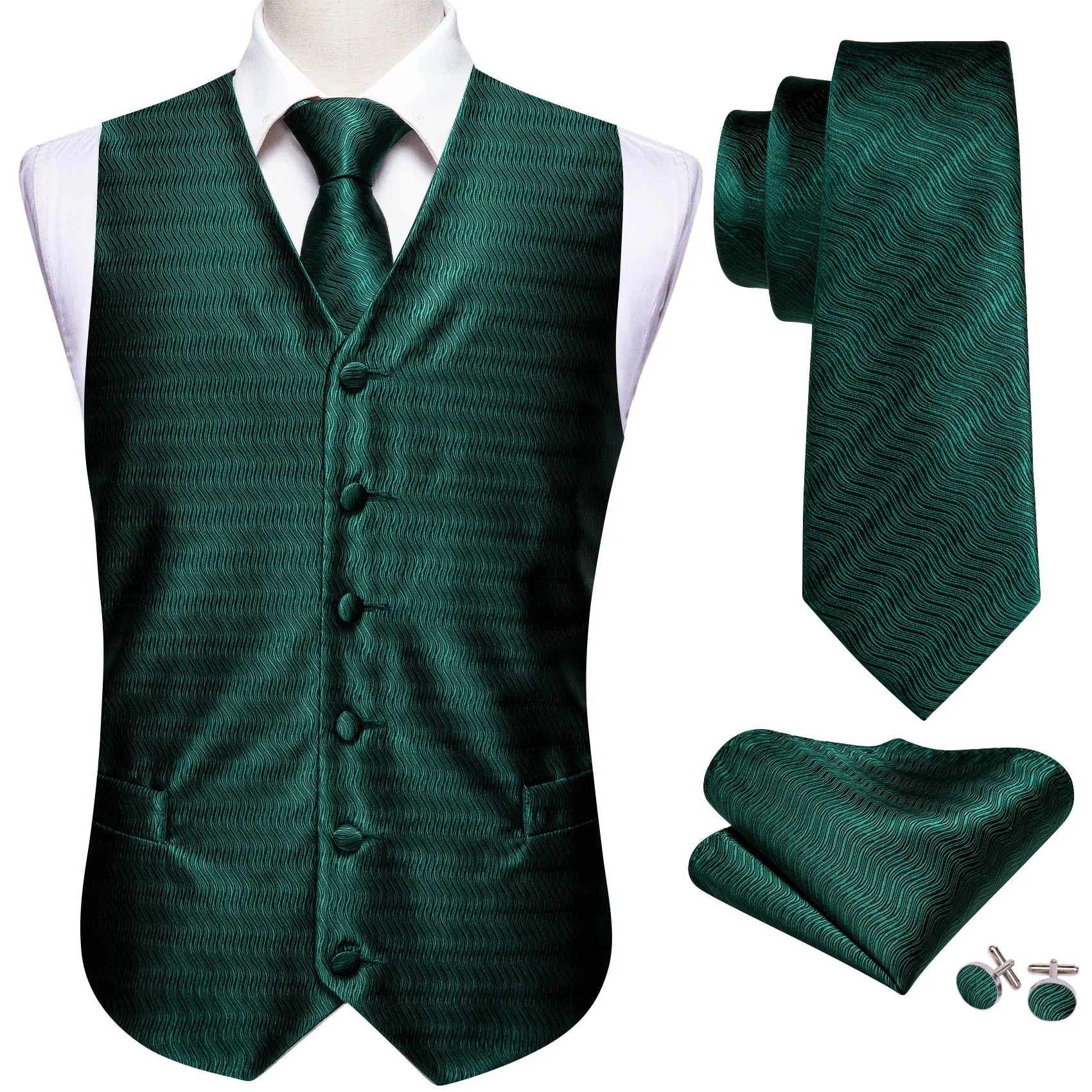 Barry. Wang Mens Hunter Green Vest Formal Solid V-Neck Suit Waistcoat Tie Hanky Cufflinks Set sold by Barrywang product image thumbnail 5