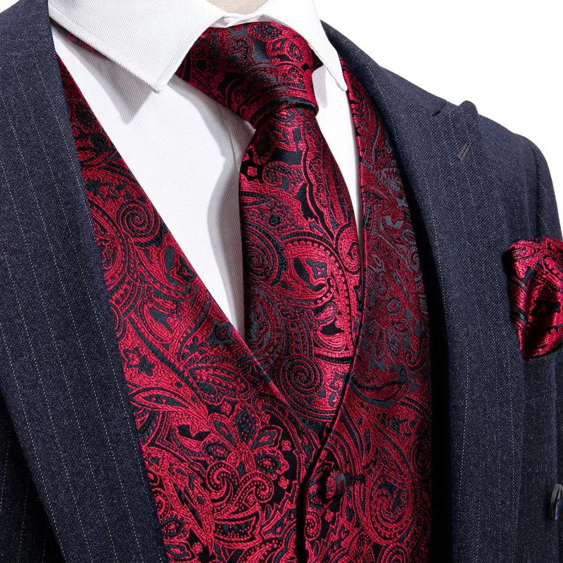 Barry. Wang Mens Formal Vest Burgundy Paisley Party Dress Vest Necktie Hanky Cufflinks Set sold by Barrywang