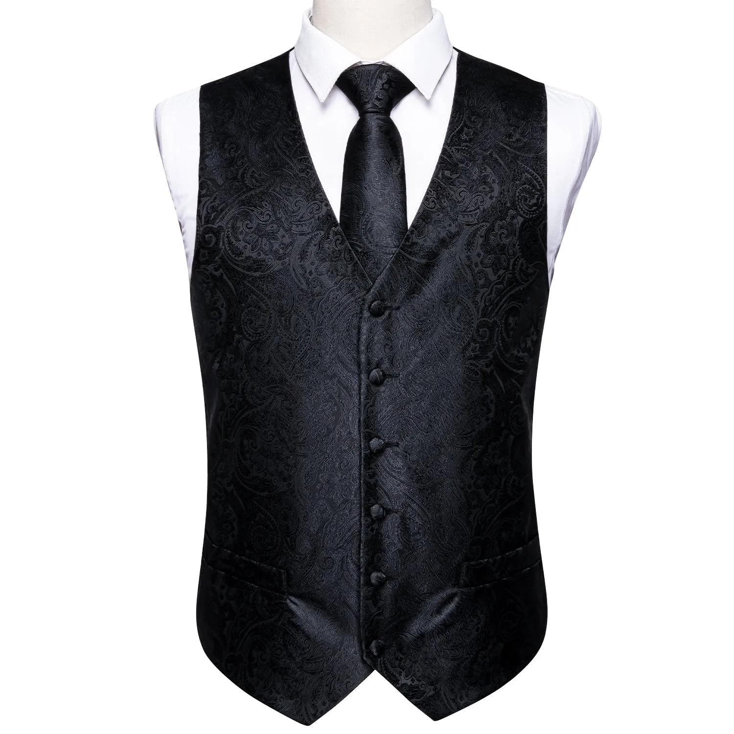 Barry. Wang Men Black Suit Vest Paisley Jacquard Dress Vest Necktie Hanky Cufflinks Set sold by Barrywang product image thumbnail 5