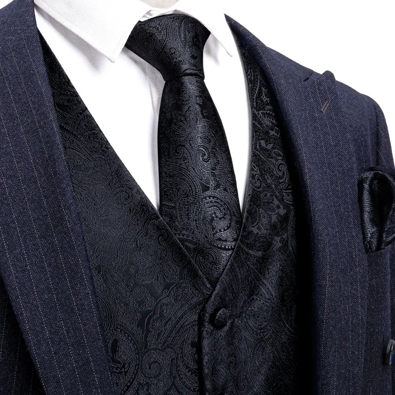 Barry. Wang Men Black Suit Vest Paisley Jacquard Dress Vest Necktie Hanky Cufflinks Set sold by Barrywang