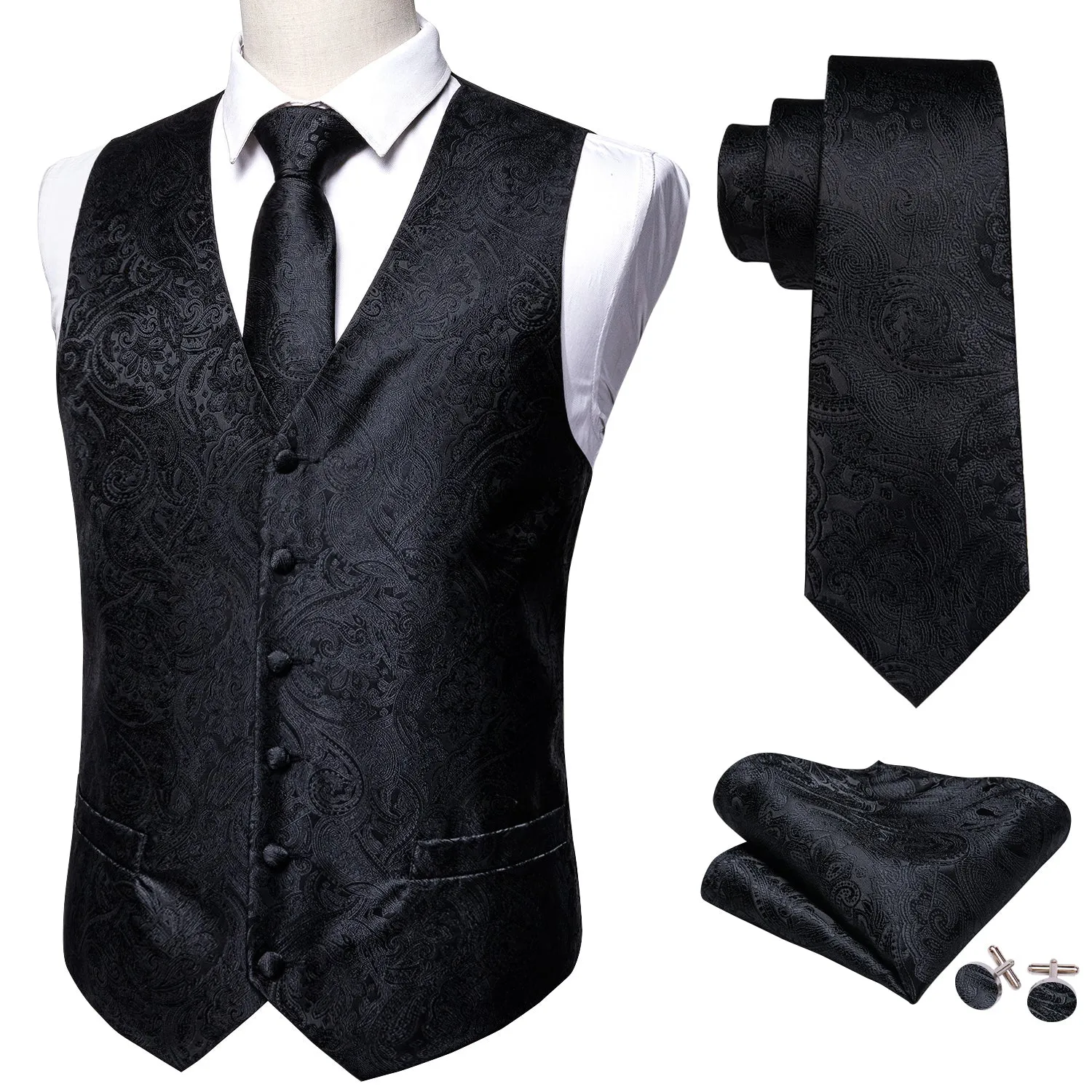 Barry. Wang Men Black Suit Vest Paisley Jacquard Dress Vest Necktie Hanky Cufflinks Set sold by Barrywang product image thumbnail 3