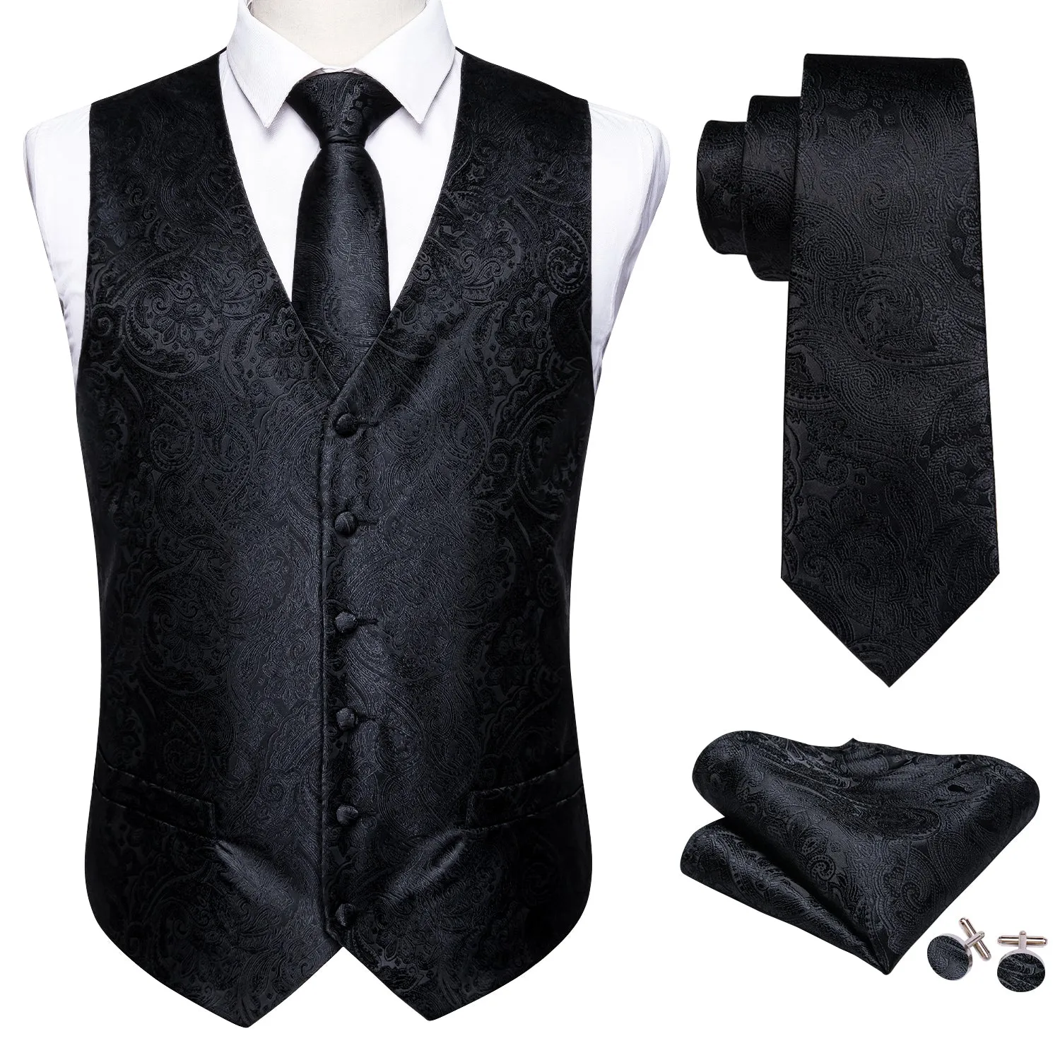 Barry. Wang Men Black Suit Vest Paisley Jacquard Dress Vest Necktie Hanky Cufflinks Set sold by Barrywang product image thumbnail 4