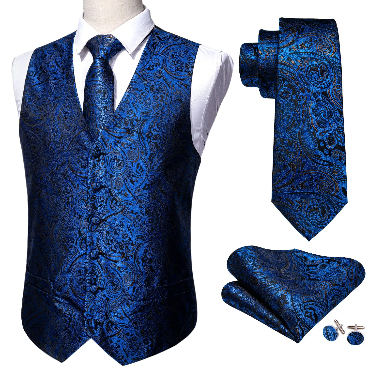Barry. Wang Silk Paisley V-neck Vest Blue Suit Waistcoat Tie Hanky Cufflinks Set sold by Barrywang product image thumbnail 3