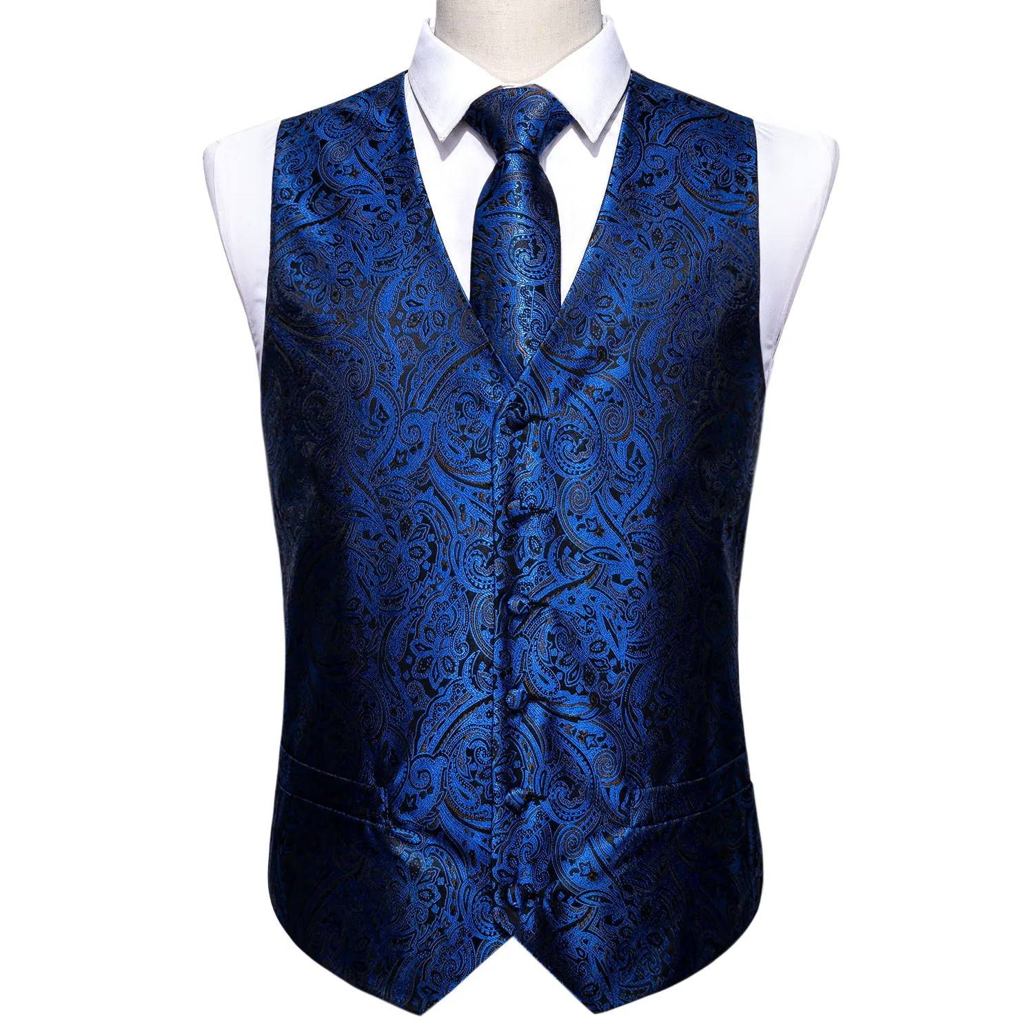 Barry. Wang Silk Paisley V-neck Vest Blue Suit Waistcoat Tie Hanky Cufflinks Set sold by Barrywang product image thumbnail 5
