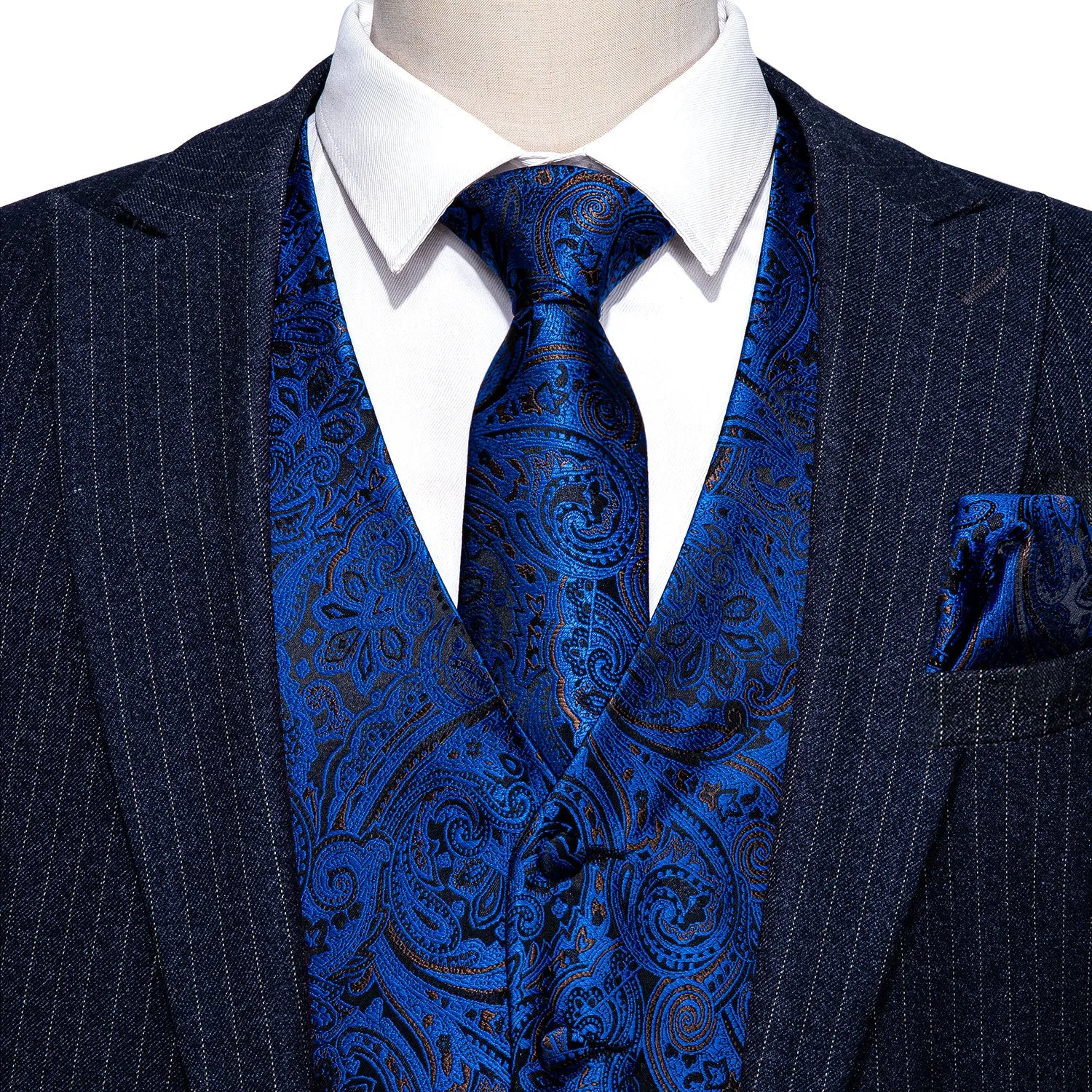 Barry. Wang Silk Paisley V-neck Vest Blue Suit Waistcoat Tie Hanky Cufflinks Set sold by Barrywang product image thumbnail 2