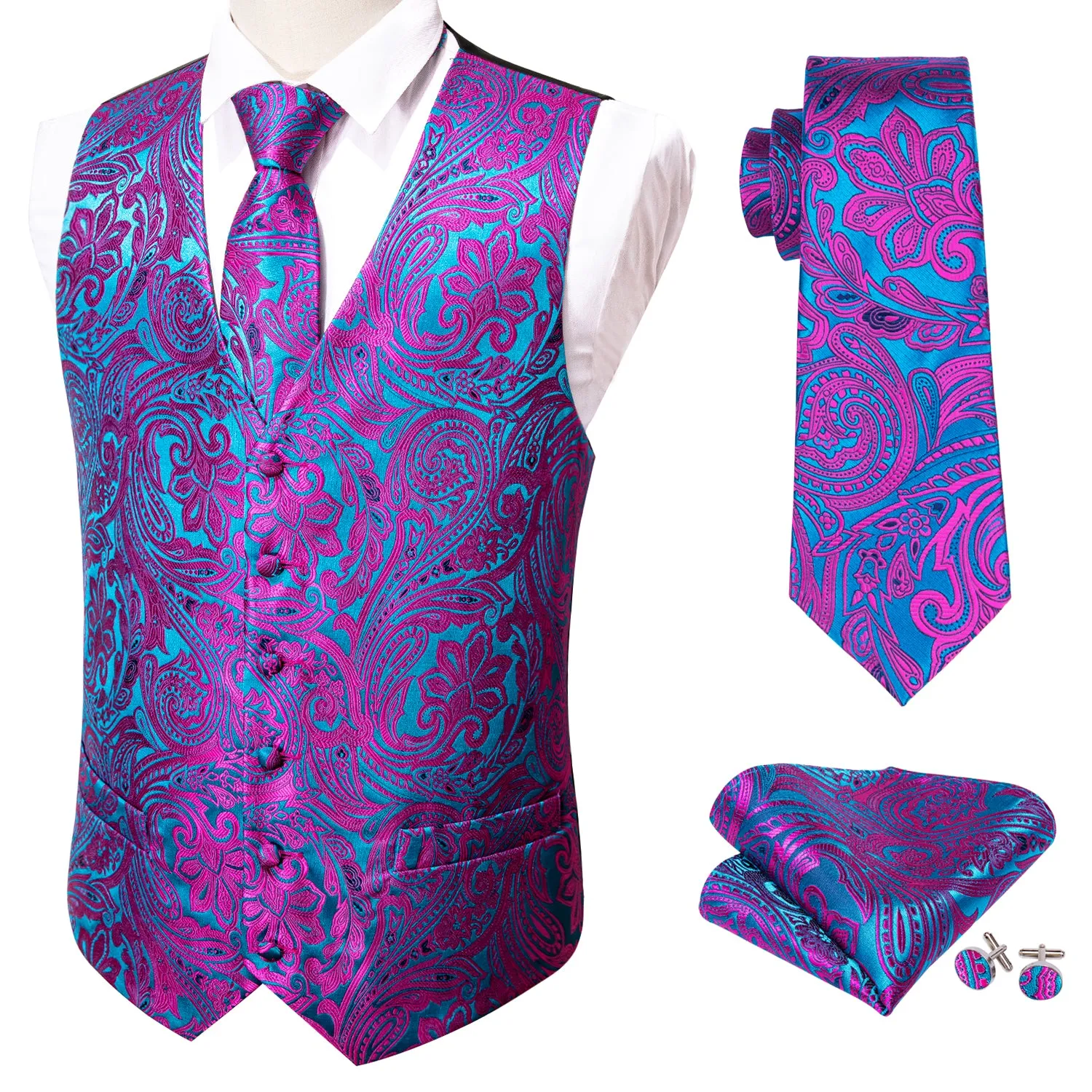 Barry. Wang Purple Paisley Waistcoat Formal Royal Blue Formal Suit Vest Tie Hanky Cufflinks Set sold by Barrywang product image thumbnail 5