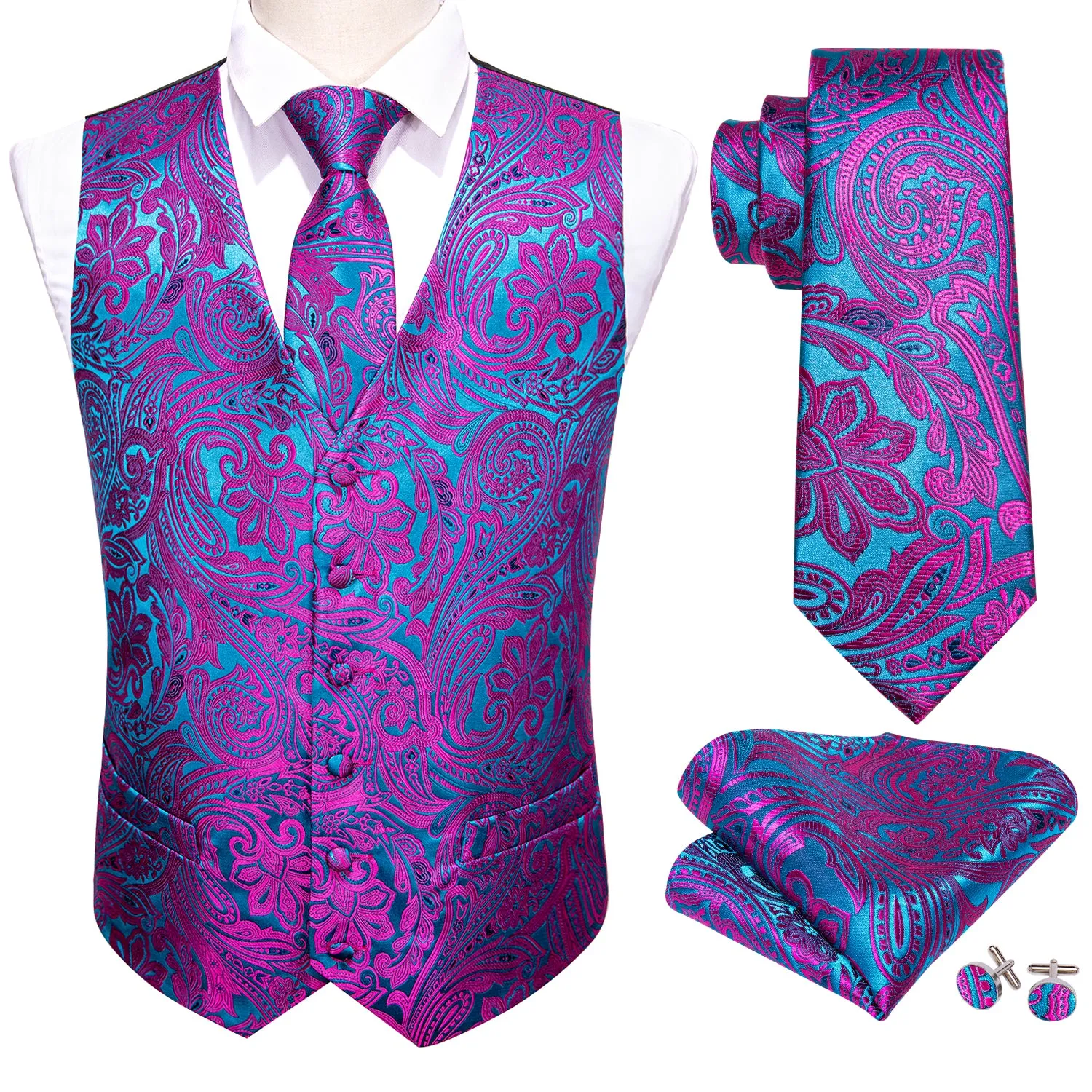Barry. Wang Purple Paisley Waistcoat Formal Royal Blue Formal Suit Vest Tie Hanky Cufflinks Set sold by Barrywang product image thumbnail 4