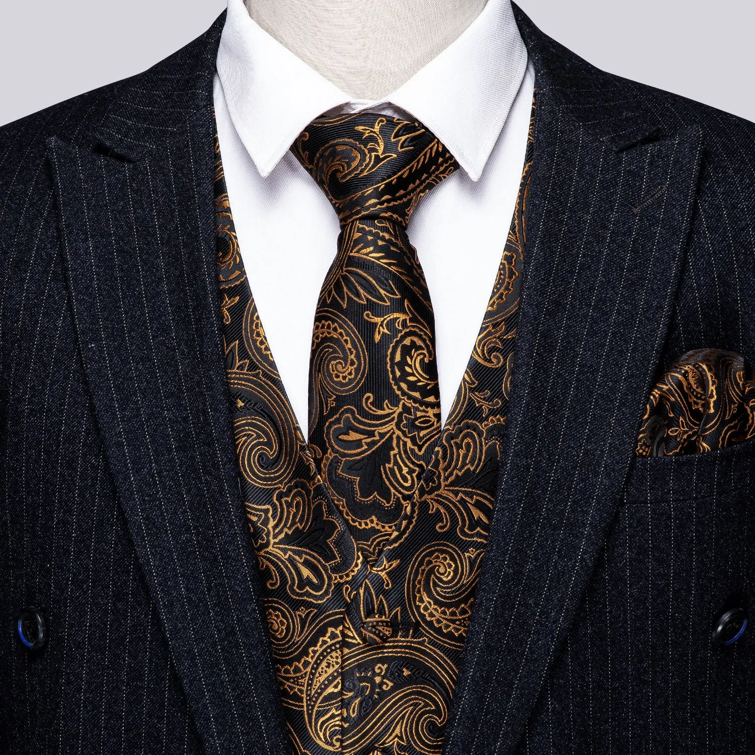 Barry. Wang Gold Paisley Suit Vest Black Formal Dress Waistcoat Tie Hanky Cufflinks Set sold by Barrywang product image thumbnail 2