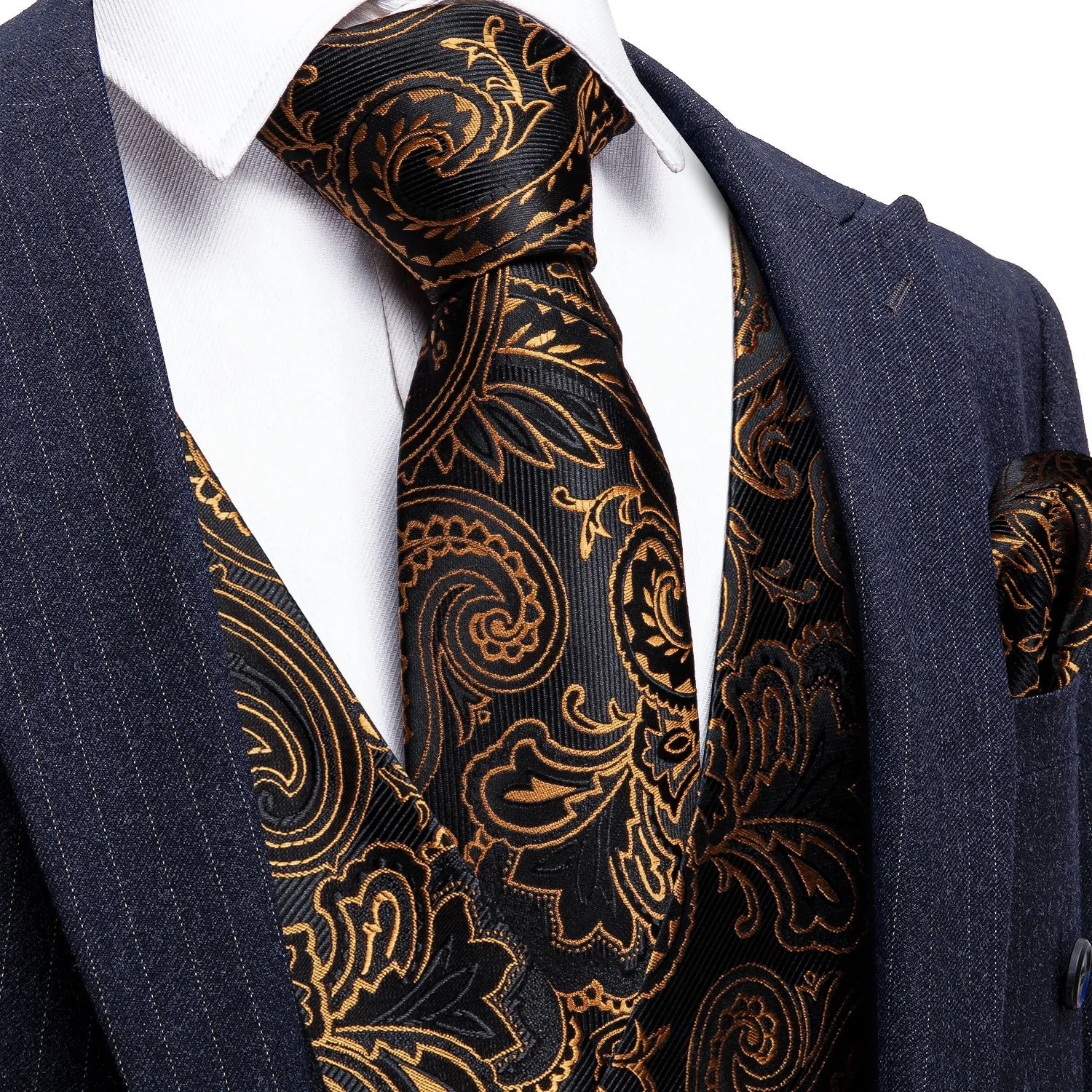 Barry. Wang Gold Paisley Suit Vest Black Formal Dress Waistcoat Tie Hanky Cufflinks Set sold by Barrywang