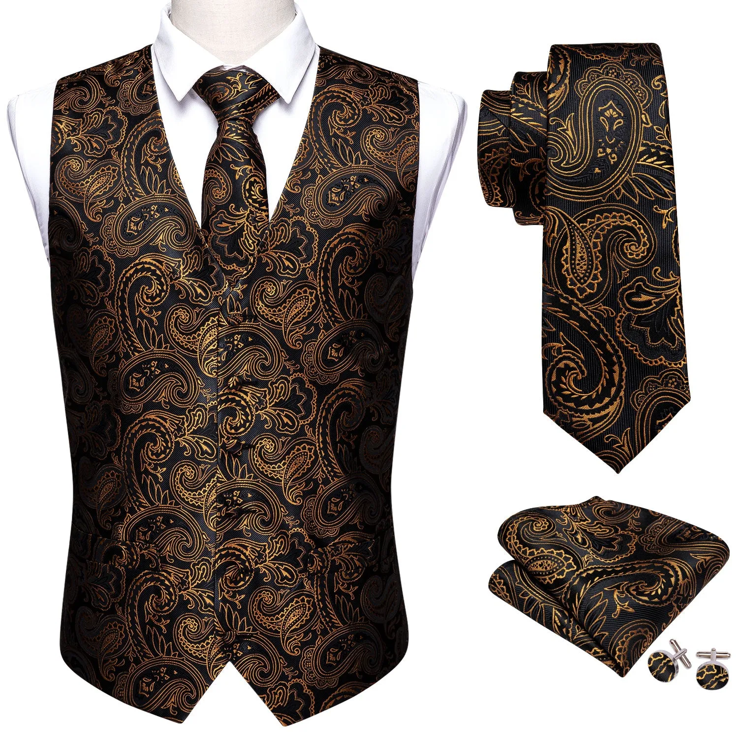 Barry. Wang Gold Paisley Suit Vest Black Formal Dress Waistcoat Tie Hanky Cufflinks Set sold by Barrywang product image thumbnail 3