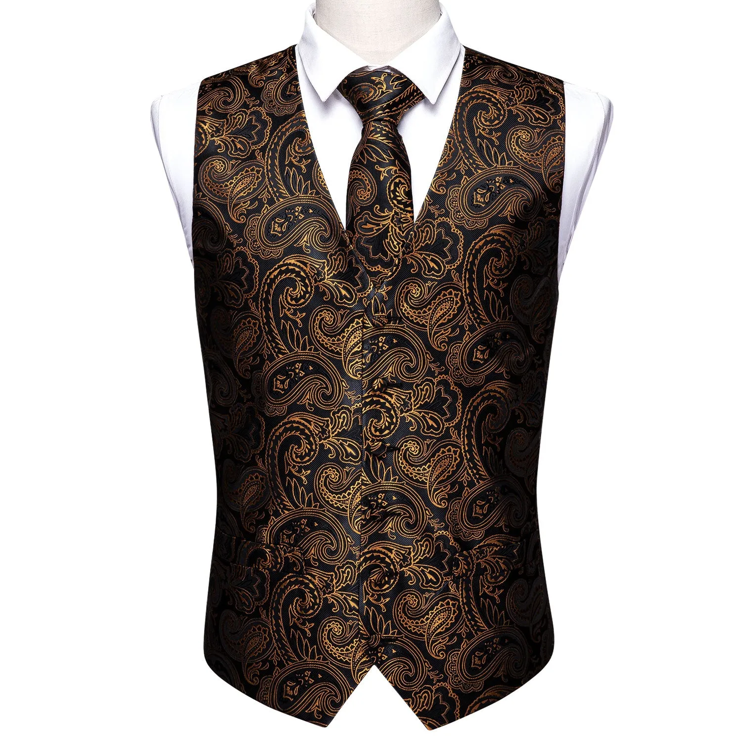 Barry. Wang Gold Paisley Suit Vest Black Formal Dress Waistcoat Tie Hanky Cufflinks Set sold by Barrywang product image thumbnail 4