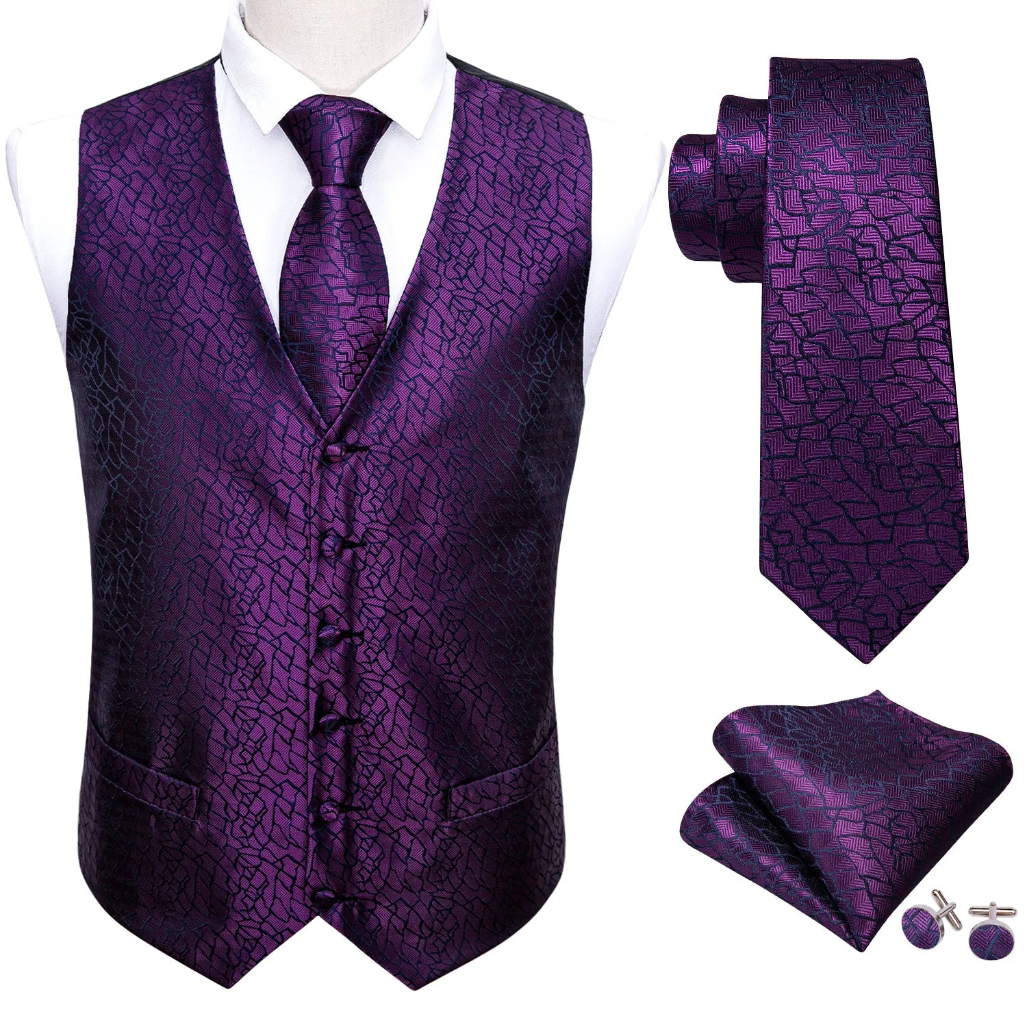 Barry. Wang Grape Purple Vest Suit 4PCS Geometric Tuxedo Vest Necktie Hanky Cufflinks Set sold by Barrywang product image thumbnail 4