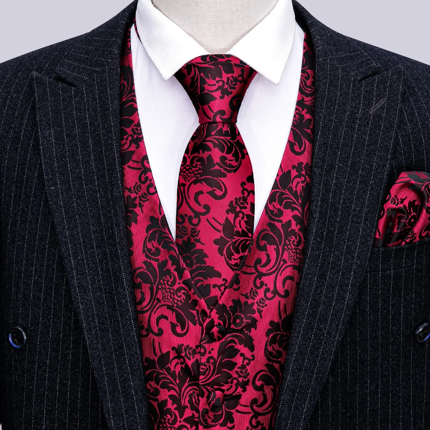 Barry. Wang Red Suit Vest Black Floral Jacquard V-neck Dress Vest Tie Hanky Cufflinks Set sold by Barrywang product image thumbnail 2