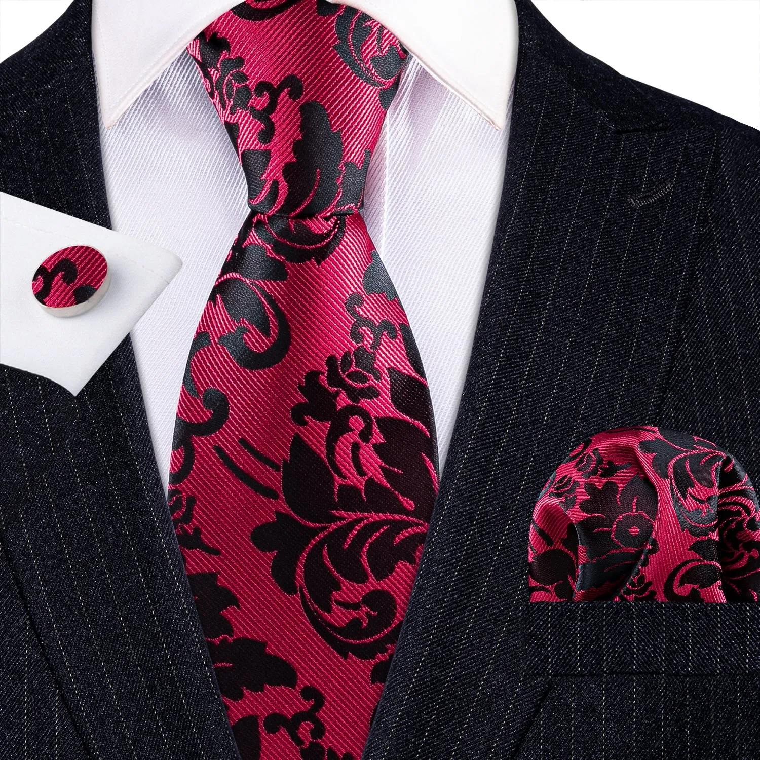 Barry. Wang Red Suit Vest Black Floral Jacquard V-neck Dress Vest Tie Hanky Cufflinks Set sold by Barrywang product image thumbnail 3