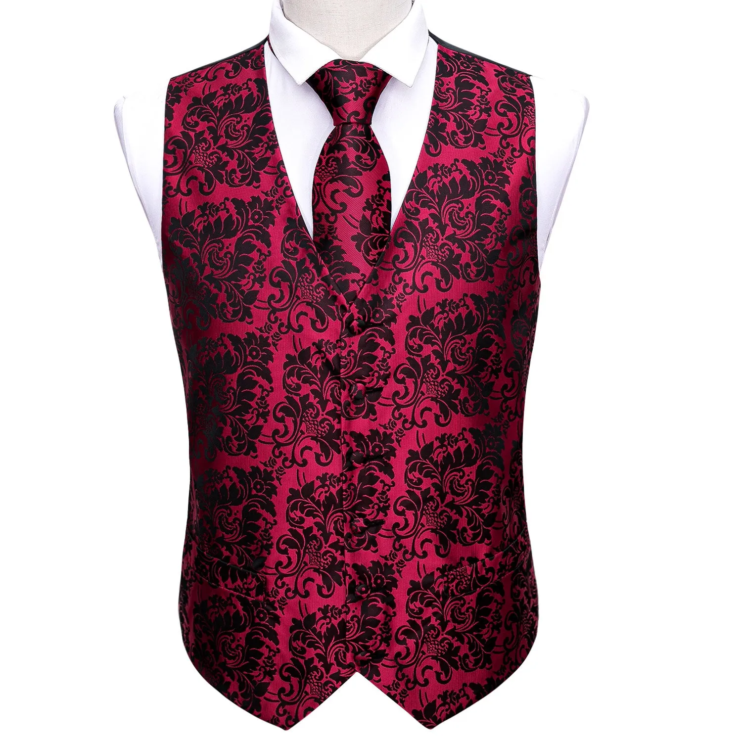 Barry. Wang Red Suit Vest Black Floral Jacquard V-neck Dress Vest Tie Hanky Cufflinks Set sold by Barrywang product image thumbnail 5