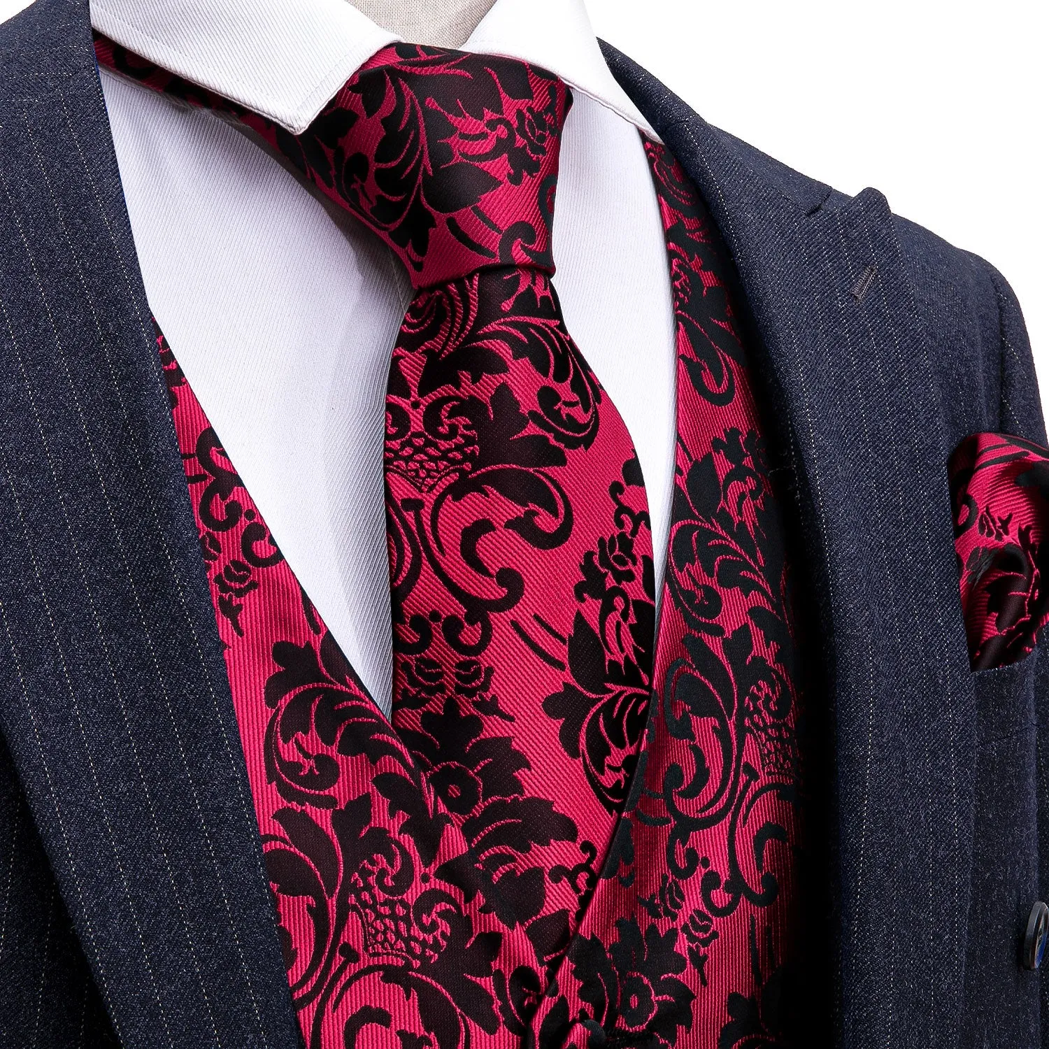 Barry. Wang Red Suit Vest Black Floral Jacquard V-neck Dress Vest Tie Hanky Cufflinks Set sold by Barrywang
