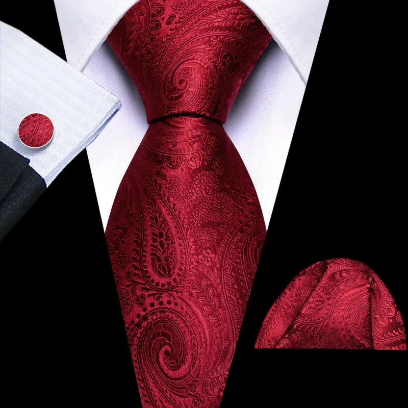 Barry. Wang Burgundy Tie Paisley Silk Mens Tie Pocket Square Cufflinks Set sold by Barrywang
