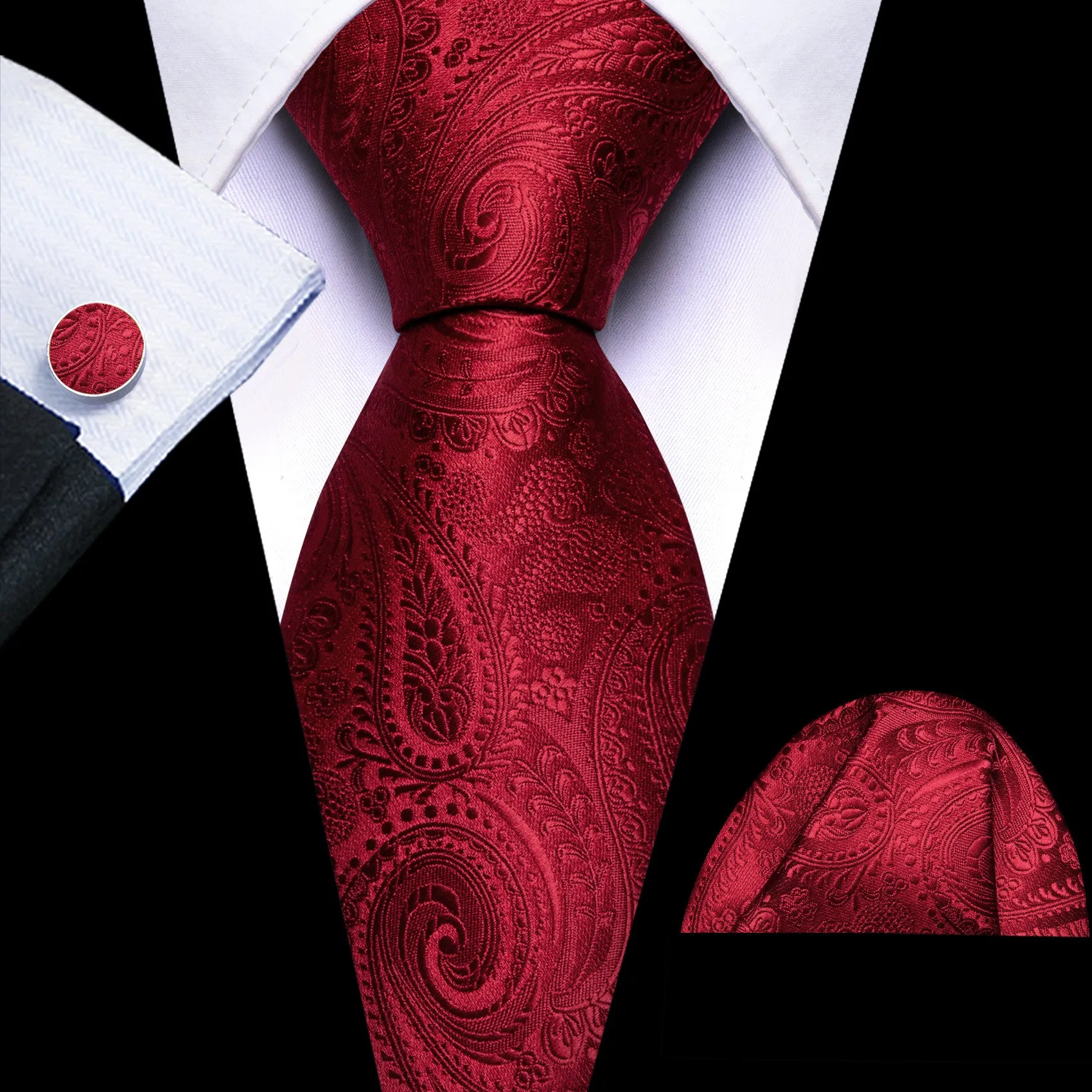 Barry. Wang Burgundy Tie Paisley Silk Mens Tie Pocket Square Cufflinks Set sold by Barrywang