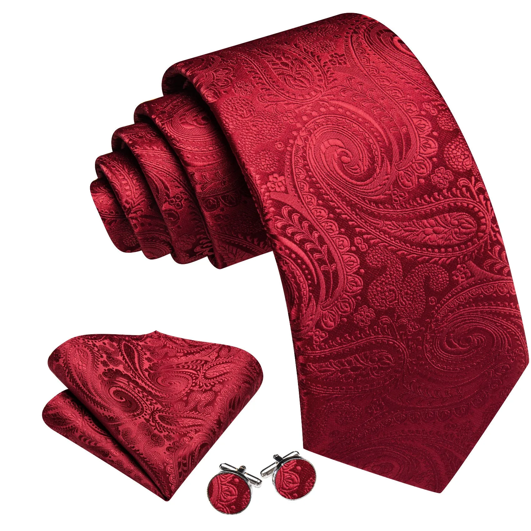 Barry. Wang Burgundy Tie Paisley Silk Mens Tie Pocket Square Cufflinks Set sold by Barrywang product image thumbnail 2