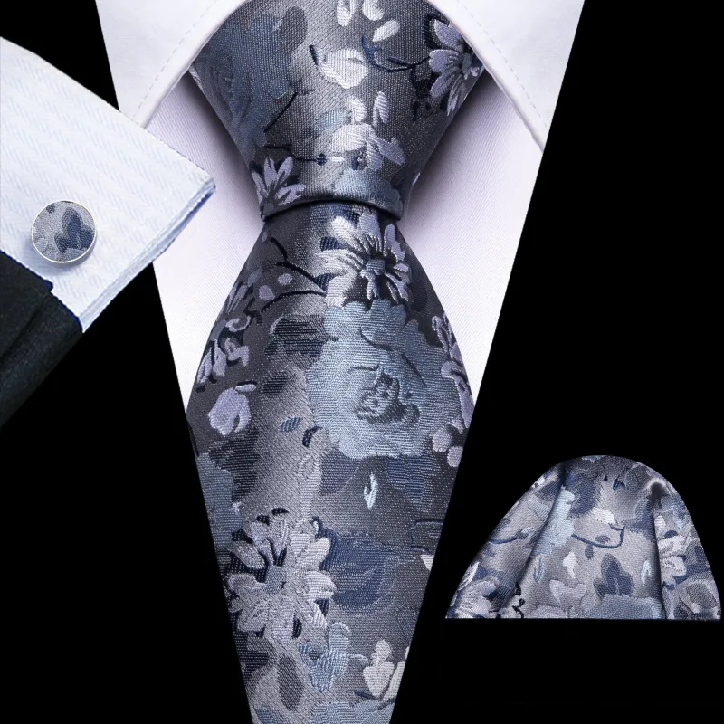 Barry. Wang Floral Tie Ice Blue Silk Necktie Hanky Cufflinks Set sold by Barrywang