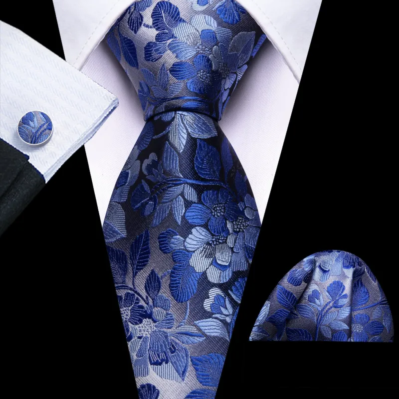 Barry. Wang Floral Necktie Royal Blue Silk Tie Pocket Square Cufflinks Set sold by Barrywang