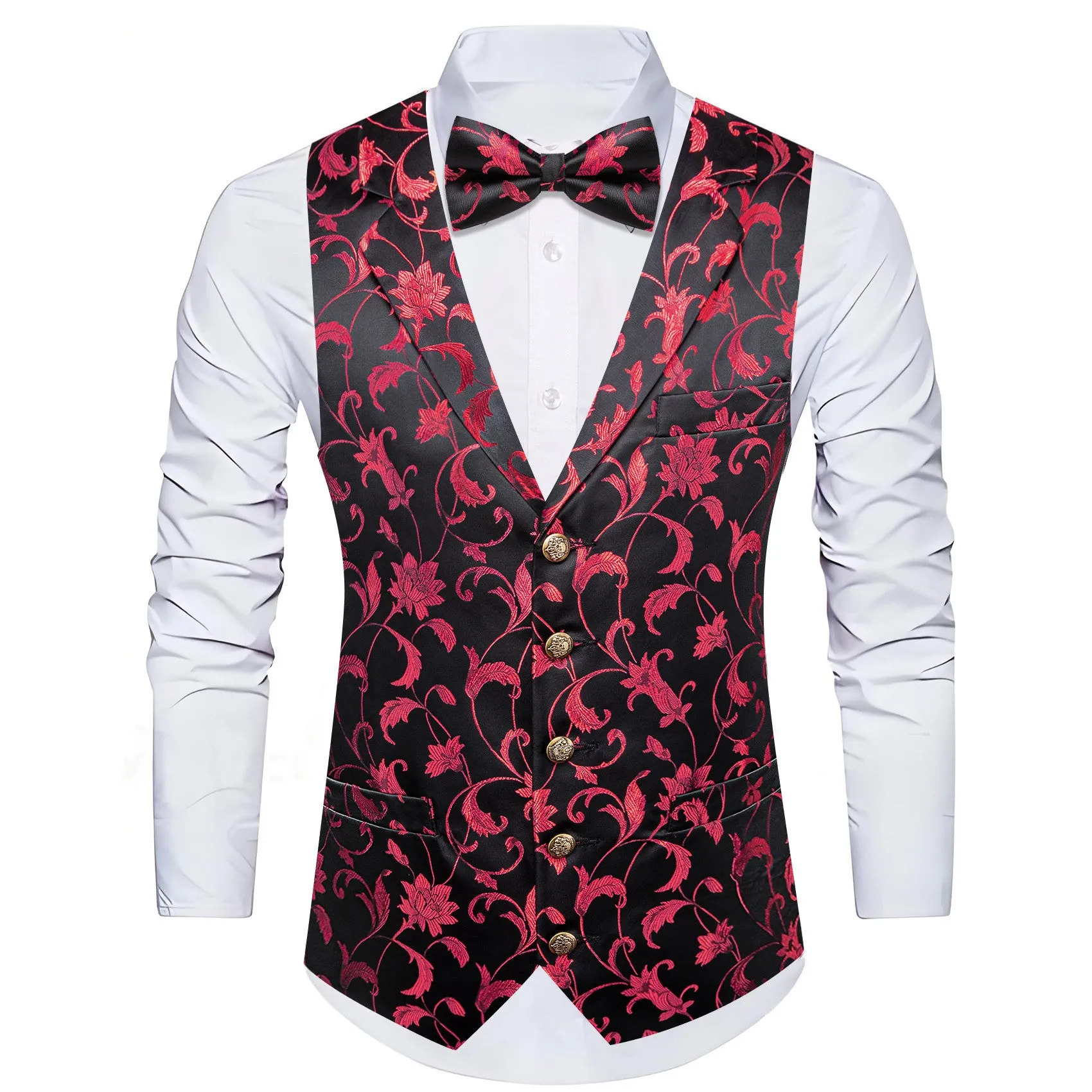 Barry. Wang Mens Collar Vest Coral Floral Formal Suit Waistcoat Bowtie Hanky Cufflinks Set sold by Barrywang product image thumbnail 3