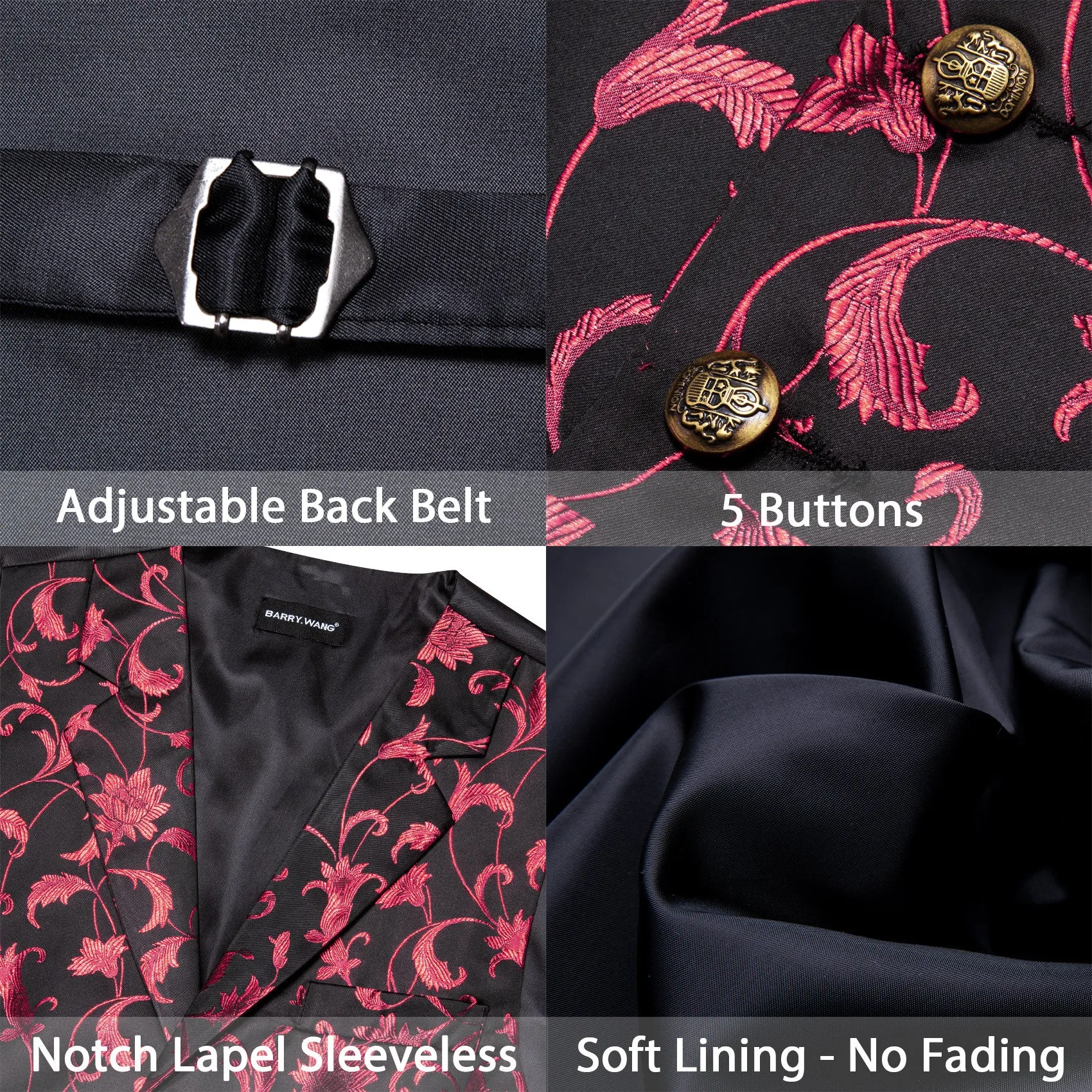 Barry. Wang Mens Collar Vest Coral Floral Formal Suit Waistcoat Bowtie Hanky Cufflinks Set sold by Barrywang product image thumbnail 5