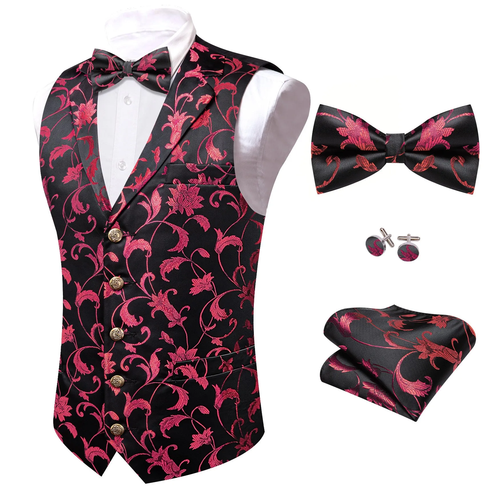 Barry. Wang Mens Collar Vest Coral Floral Formal Suit Waistcoat Bowtie Hanky Cufflinks Set sold by Barrywang product image thumbnail 2
