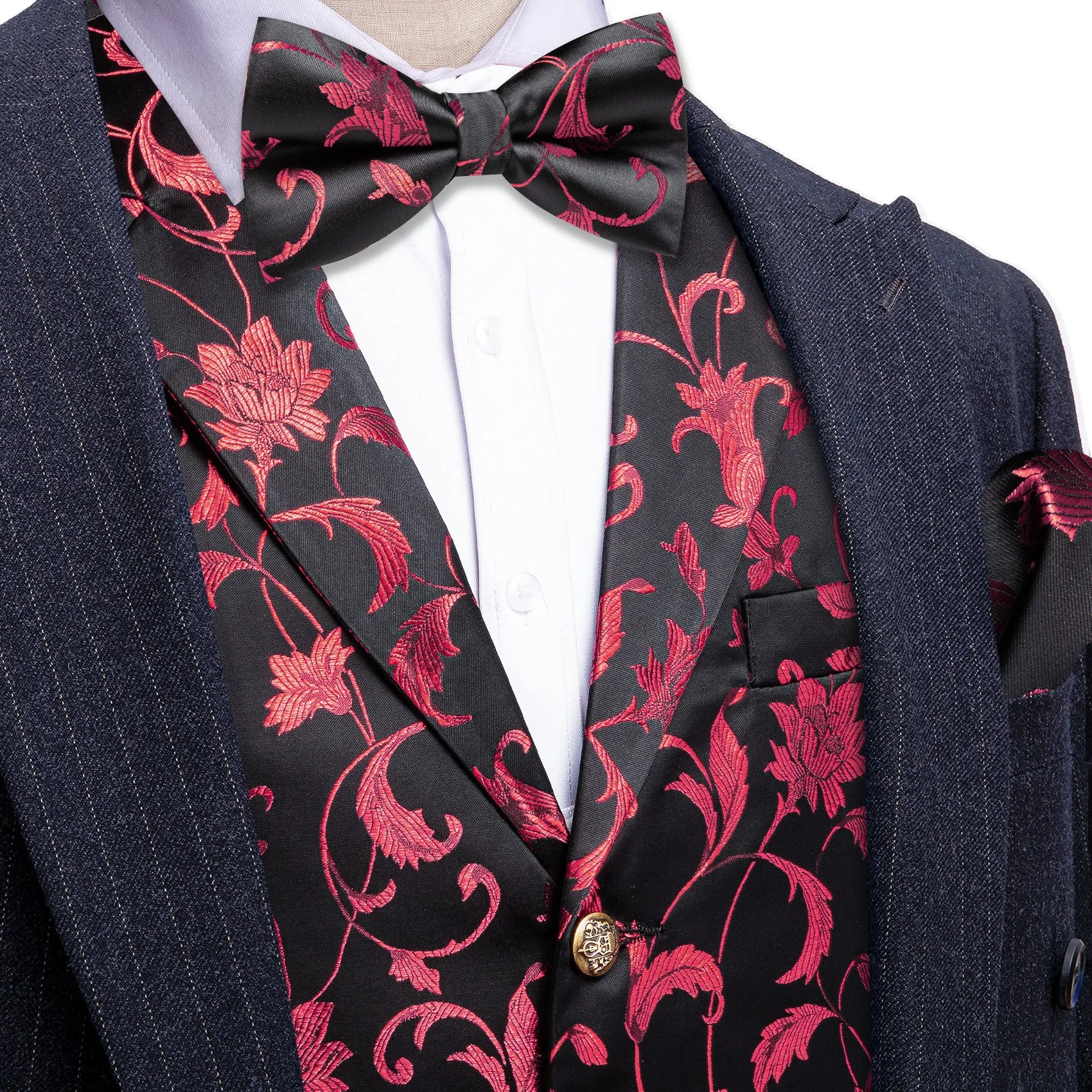 Barry. Wang Mens Collar Vest Coral Floral Formal Suit Waistcoat Bowtie Hanky Cufflinks Set sold by Barrywang