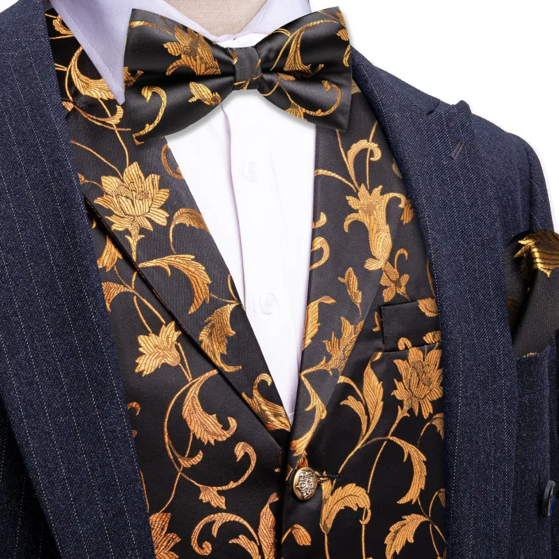 Barry. Wang Mens Collar Vest Gold Floral Suit Waistcoat Bowtie Hanky Cufflinks Set sold by Barrywang