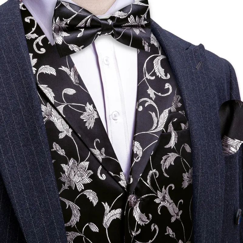 Barry. Wang Mens Silver Floral Vest Silk Vest Bowtie Hanky Cufflinks Set sold by Barrywang
