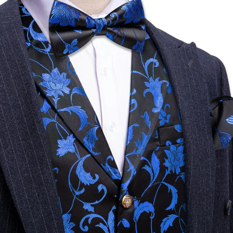 Barry. Wang Mens Blue Floral Vest Suit 4PCS Silk Vest Bowtie Hanky Cufflinks Set sold by Barrywang