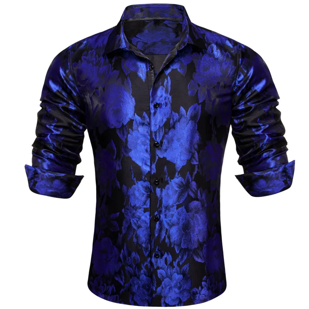 Barry. Wang Purple Floral Casual Shirt Mens Silk Long Sleeve Button Up Shirt sold by Barrywang product image thumbnail 5