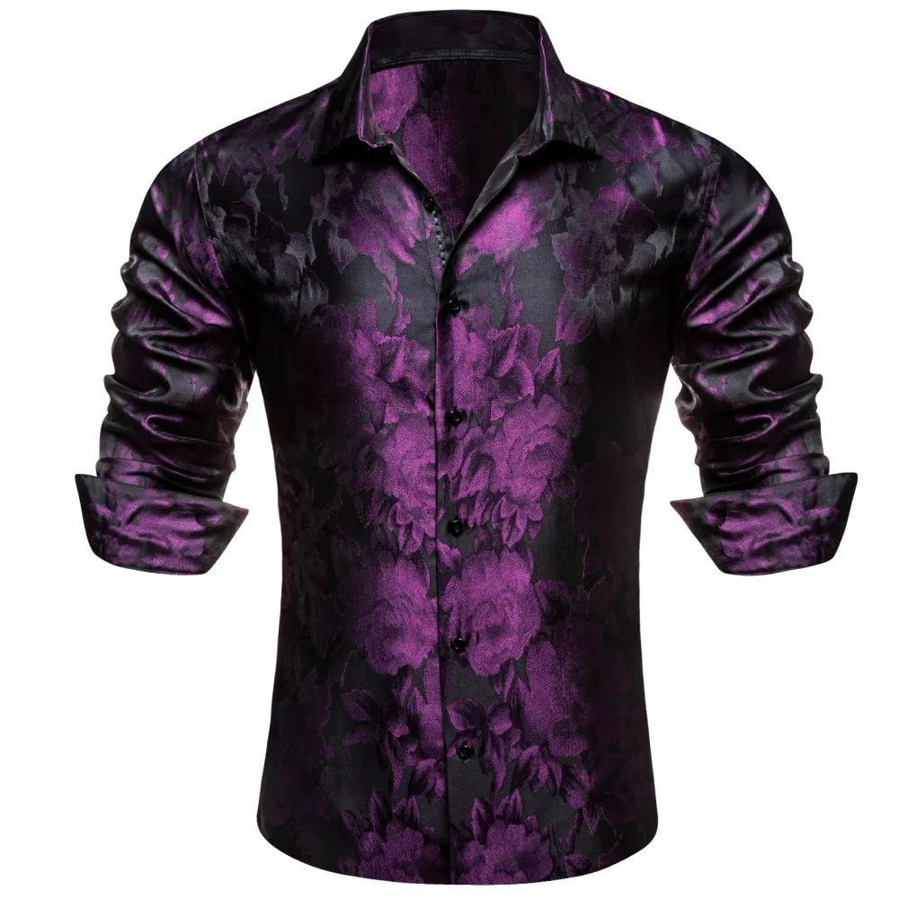 Barry. Wang Purple Floral Casual Shirt Mens Silk Long Sleeve Button Up Shirt sold by Barrywang product image thumbnail 3