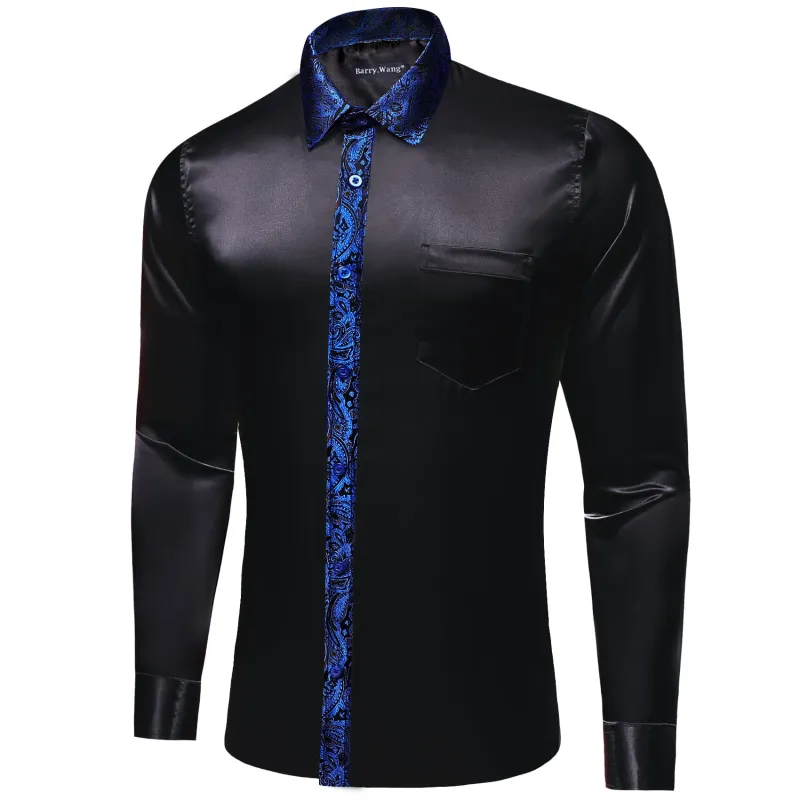 Barry. Wang Mens Wedding Button Up Shirt Black Long Sleeve Splicing Shirt sold by Barrywang