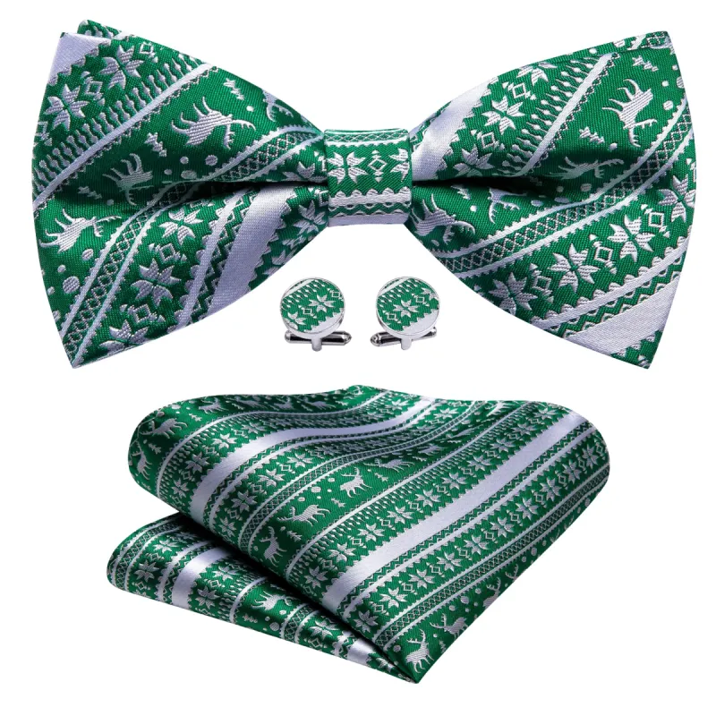 Barry.wang Christmas Tie Green White Xmas Elk Pre Tied Bow Tie Hanky Cufflinks Set sold by Barrywang