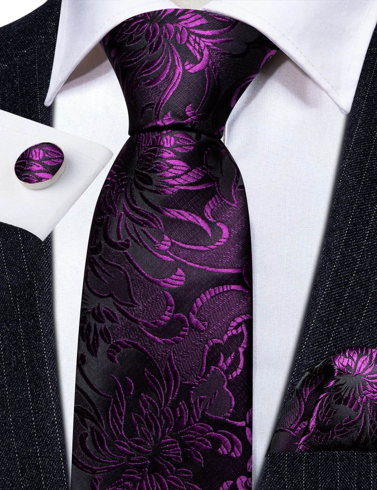 Barry. Wang Purple Black Paisley Silk Tie Handkerchief Cufflinks Set sold by Barrywang product image thumbnail 5