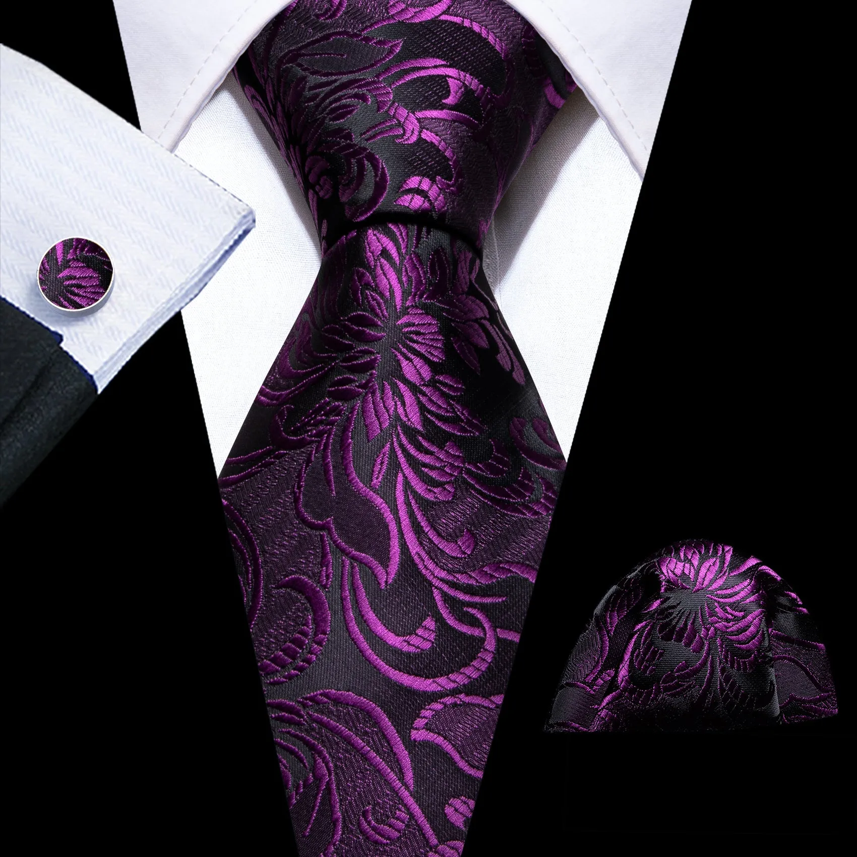 Barry. Wang Purple Black Paisley Silk Tie Handkerchief Cufflinks Set sold by Barrywang